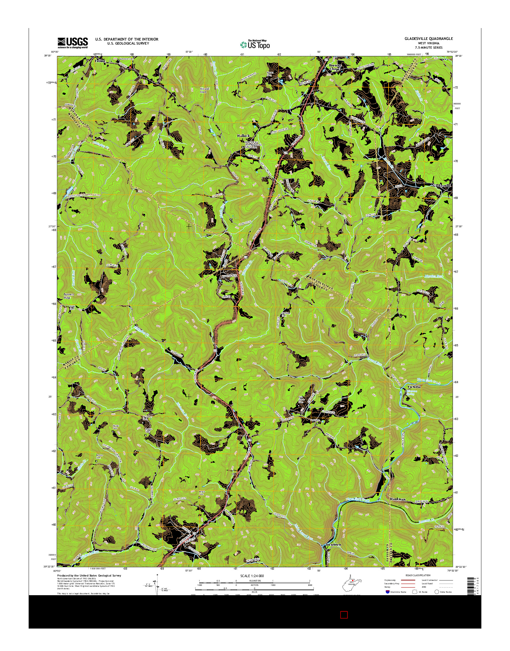 USGS US TOPO 7.5-MINUTE MAP FOR GLADESVILLE, WV 2016