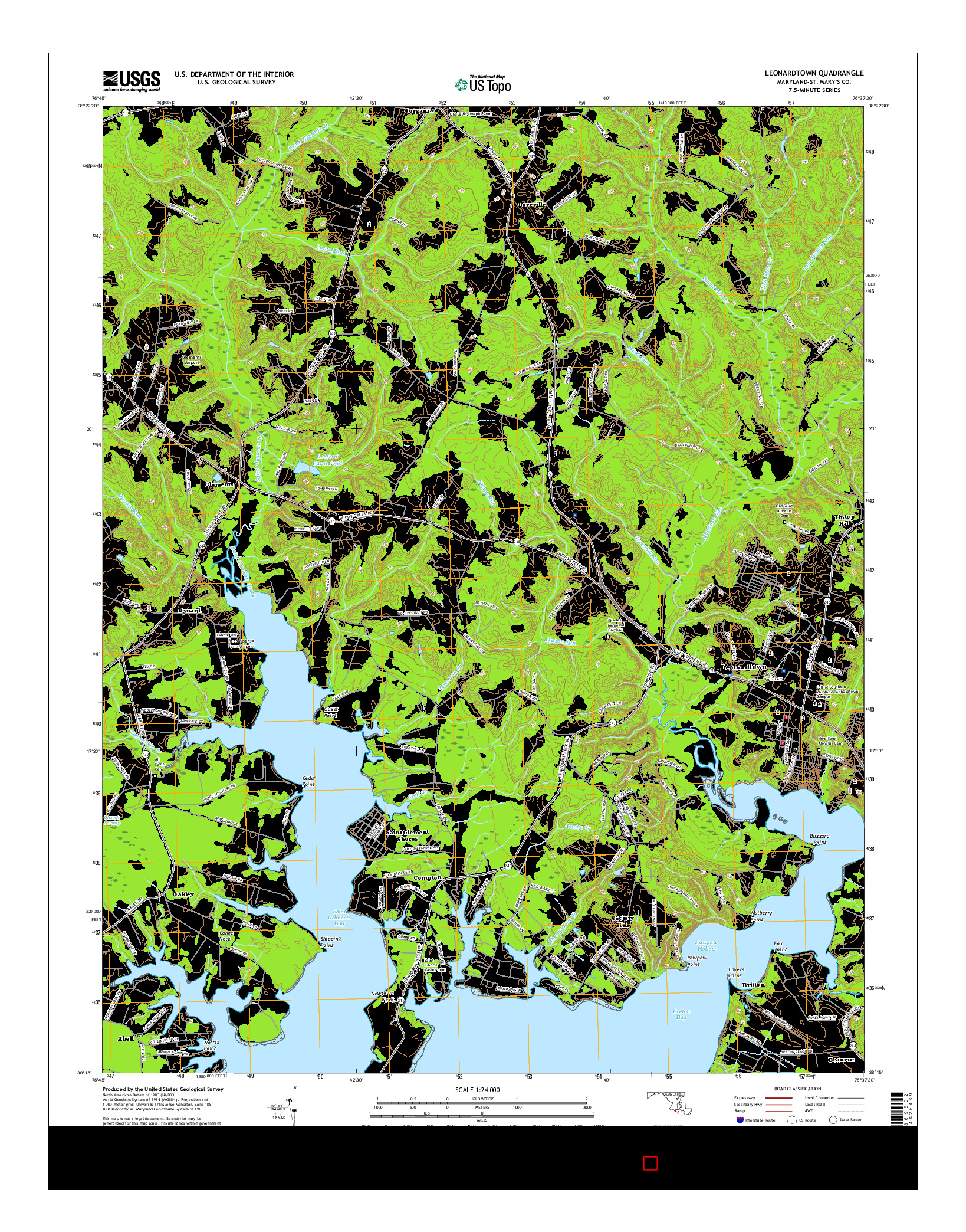 USGS US TOPO 7.5-MINUTE MAP FOR LEONARDTOWN, MD 2016