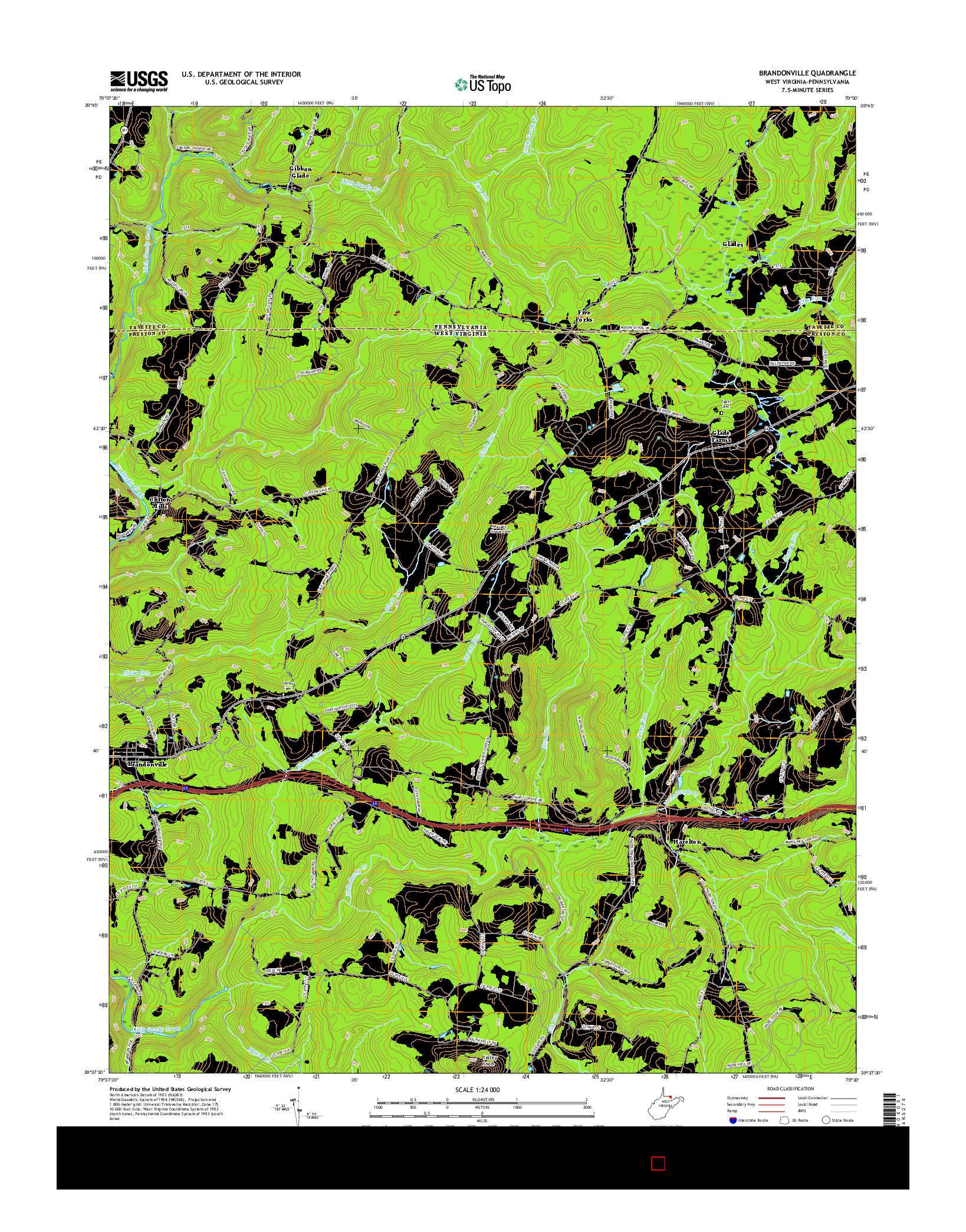 USGS US TOPO 7.5-MINUTE MAP FOR BRANDONVILLE, WV-PA 2016