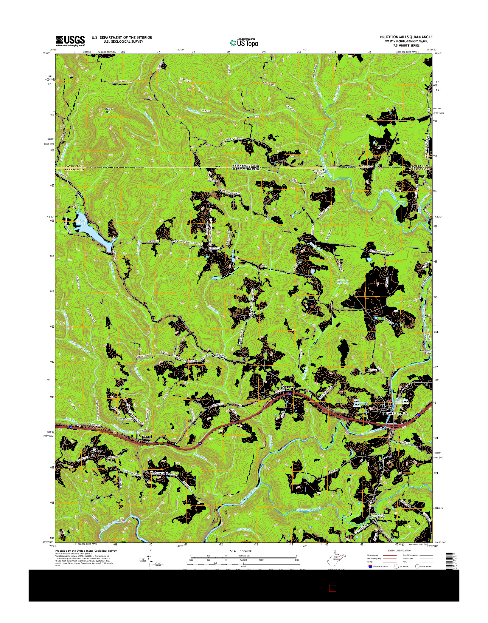 USGS US TOPO 7.5-MINUTE MAP FOR BRUCETON MILLS, WV-PA 2016