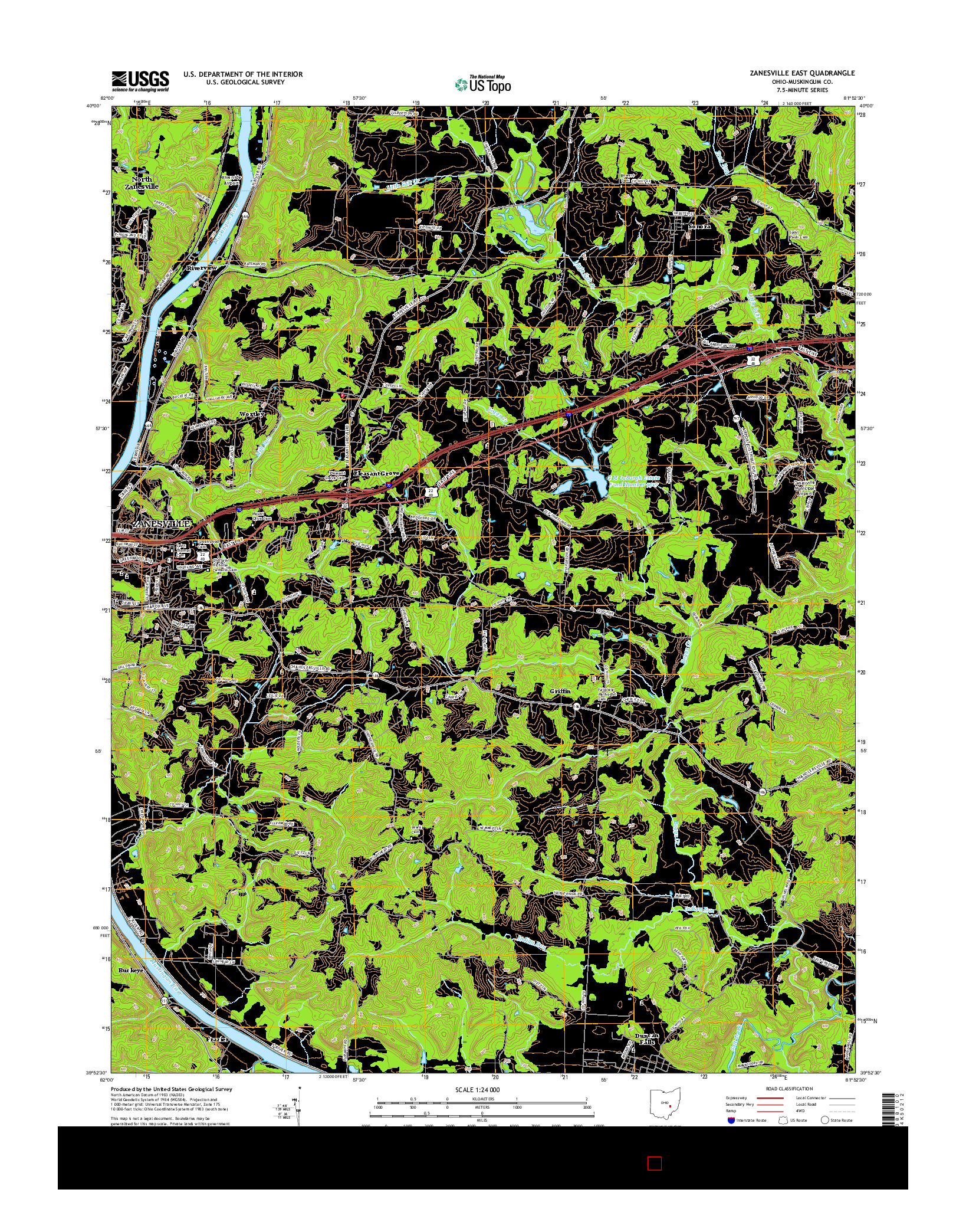 USGS US TOPO 7.5-MINUTE MAP FOR ZANESVILLE EAST, OH 2016