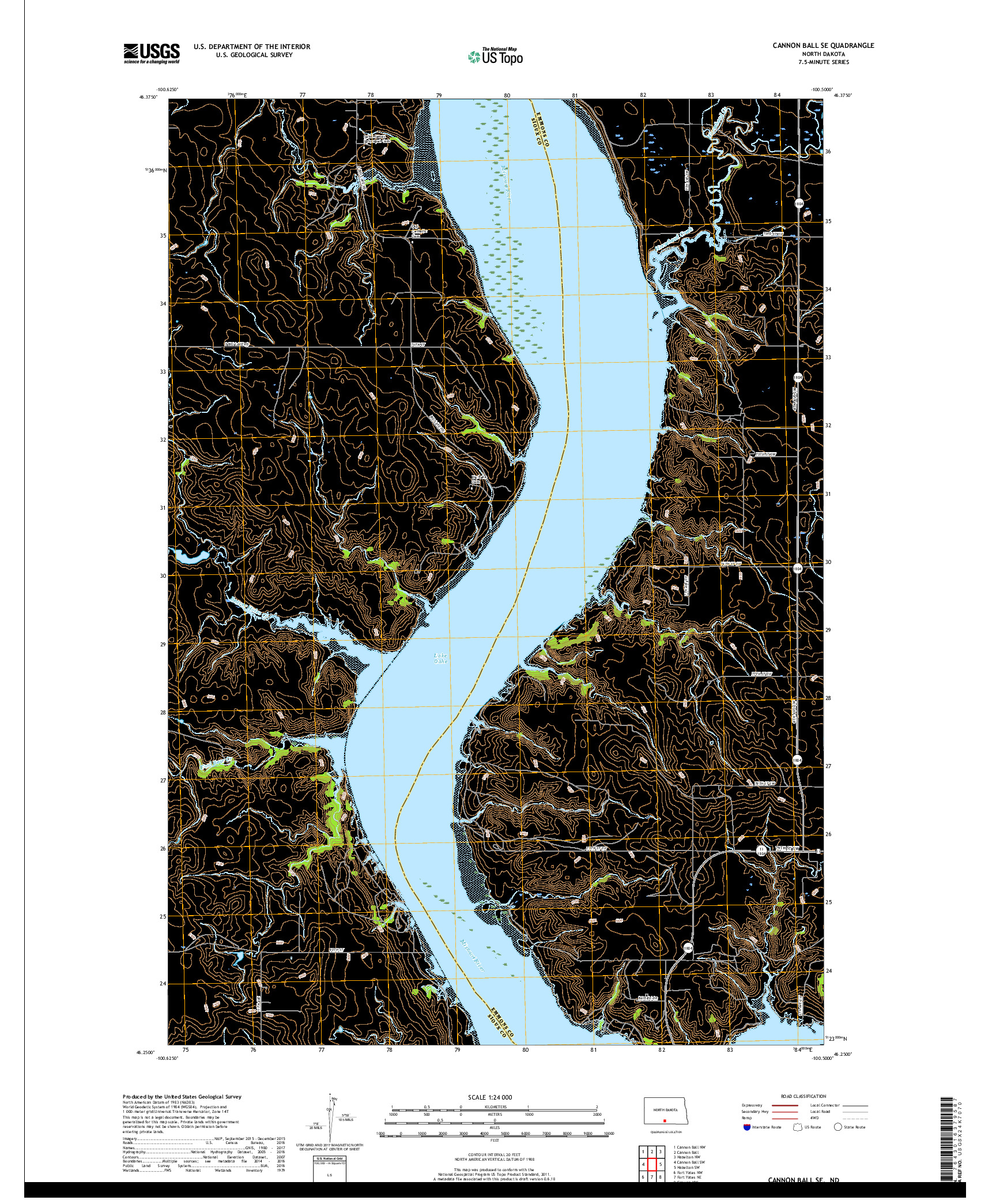 USGS US TOPO 7.5-MINUTE MAP FOR CANNON BALL SE, ND 2017