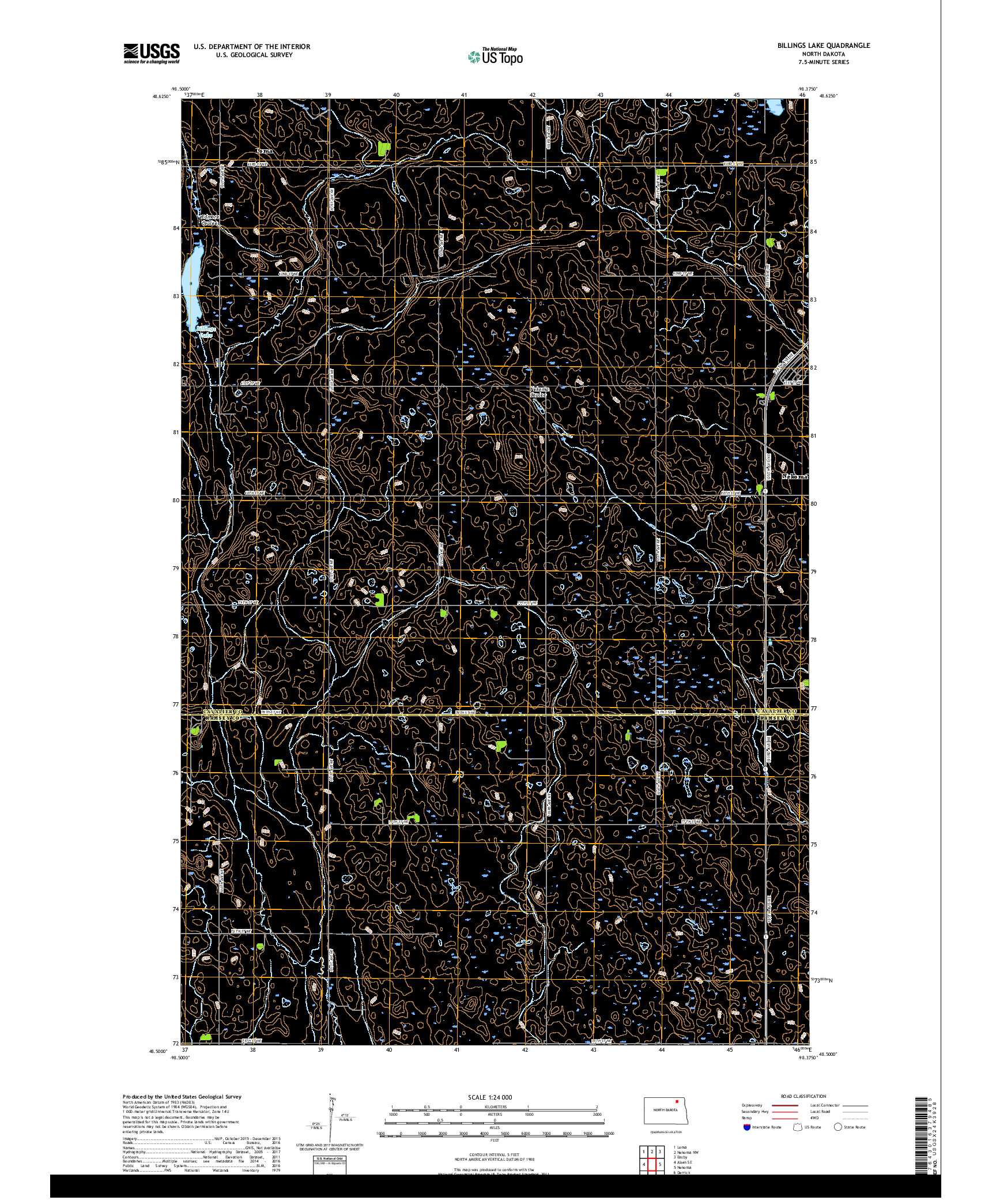 USGS US TOPO 7.5-MINUTE MAP FOR BILLINGS LAKE, ND 2017