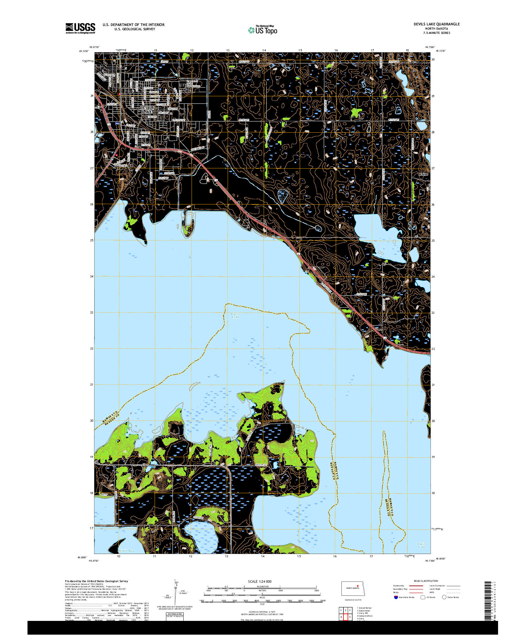 USGS US TOPO 7.5-MINUTE MAP FOR DEVILS LAKE, ND 2017