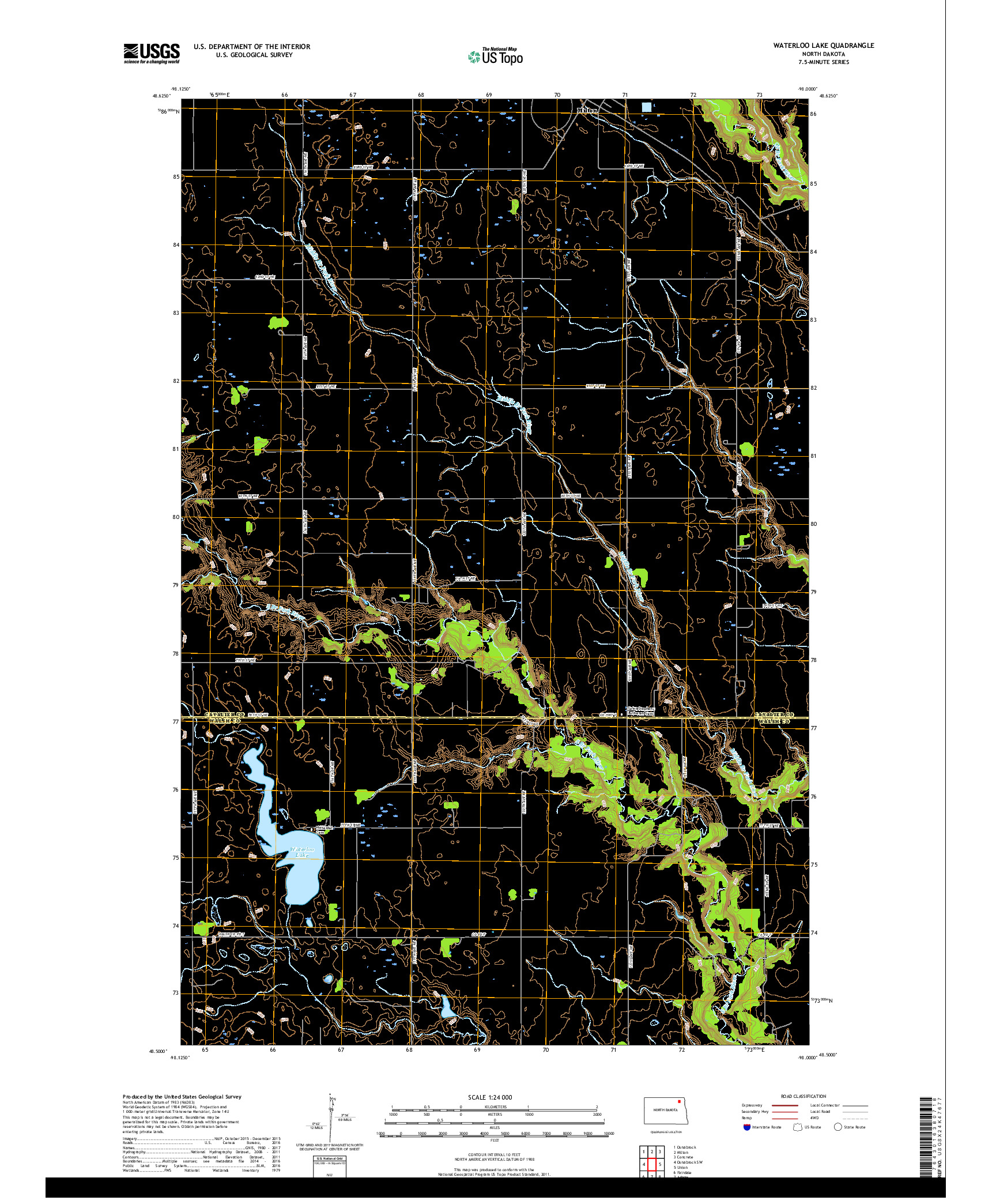 USGS US TOPO 7.5-MINUTE MAP FOR WATERLOO LAKE, ND 2017