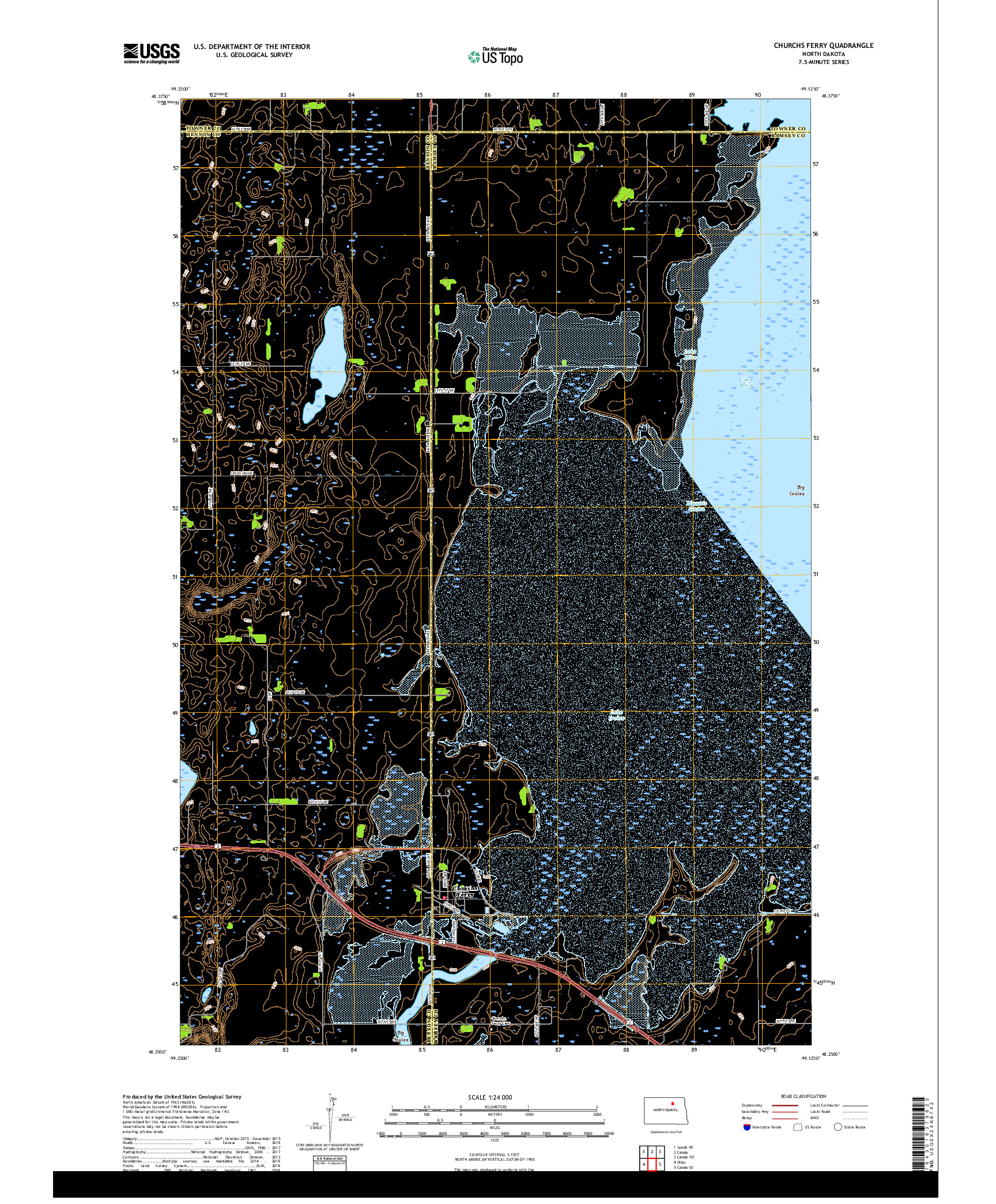 USGS US TOPO 7.5-MINUTE MAP FOR CHURCHS FERRY, ND 2017