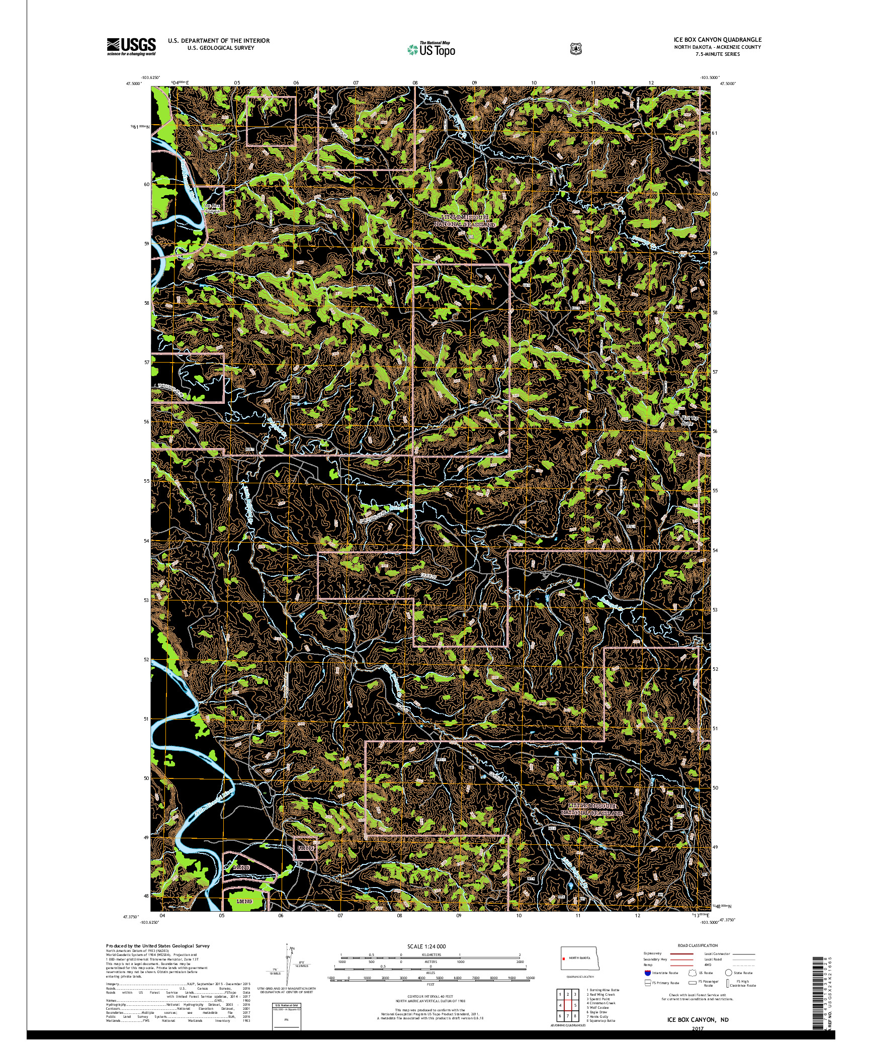 USGS US TOPO 7.5-MINUTE MAP FOR ICE BOX CANYON, ND 2017