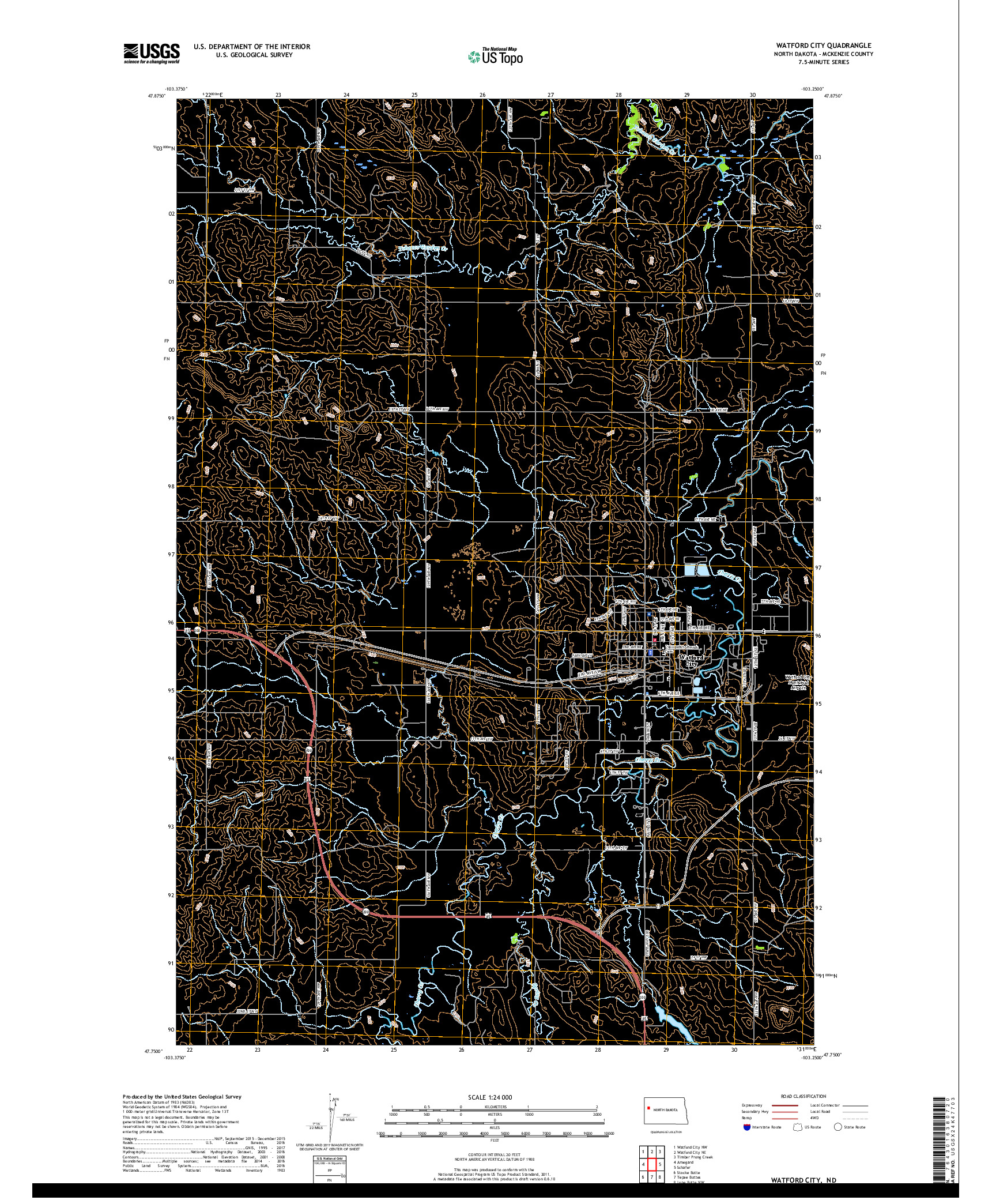 USGS US TOPO 7.5-MINUTE MAP FOR WATFORD CITY, ND 2017