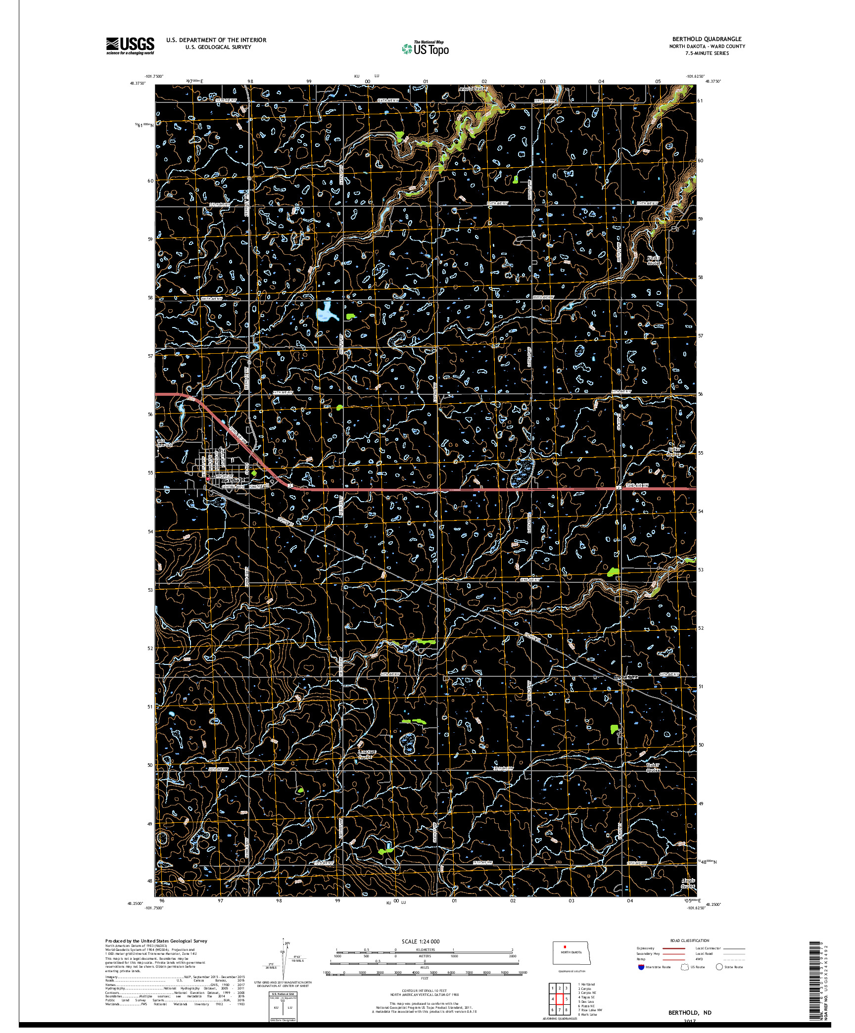 USGS US TOPO 7.5-MINUTE MAP FOR BERTHOLD, ND 2017