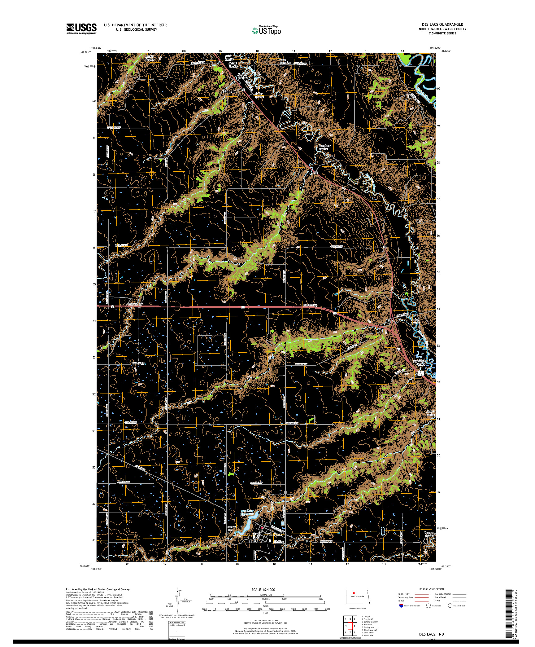 USGS US TOPO 7.5-MINUTE MAP FOR DES LACS, ND 2017