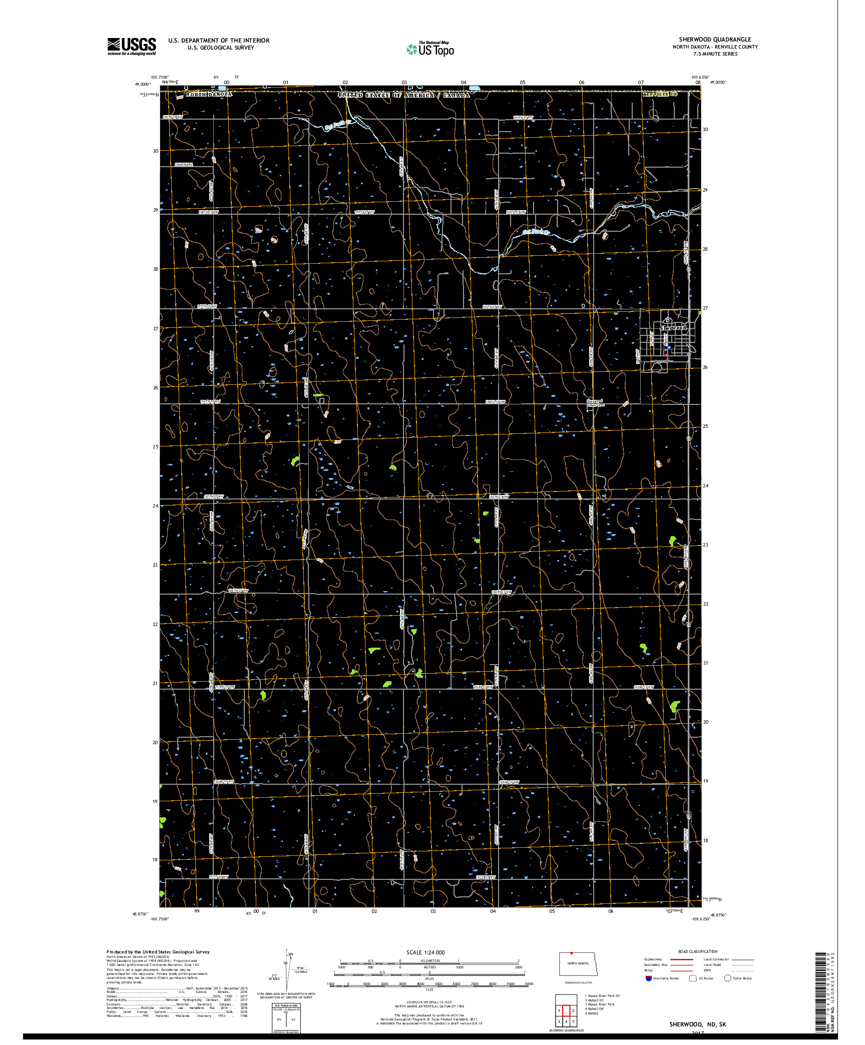 USGS US TOPO 7.5-MINUTE MAP FOR SHERWOOD, ND,SK 2017