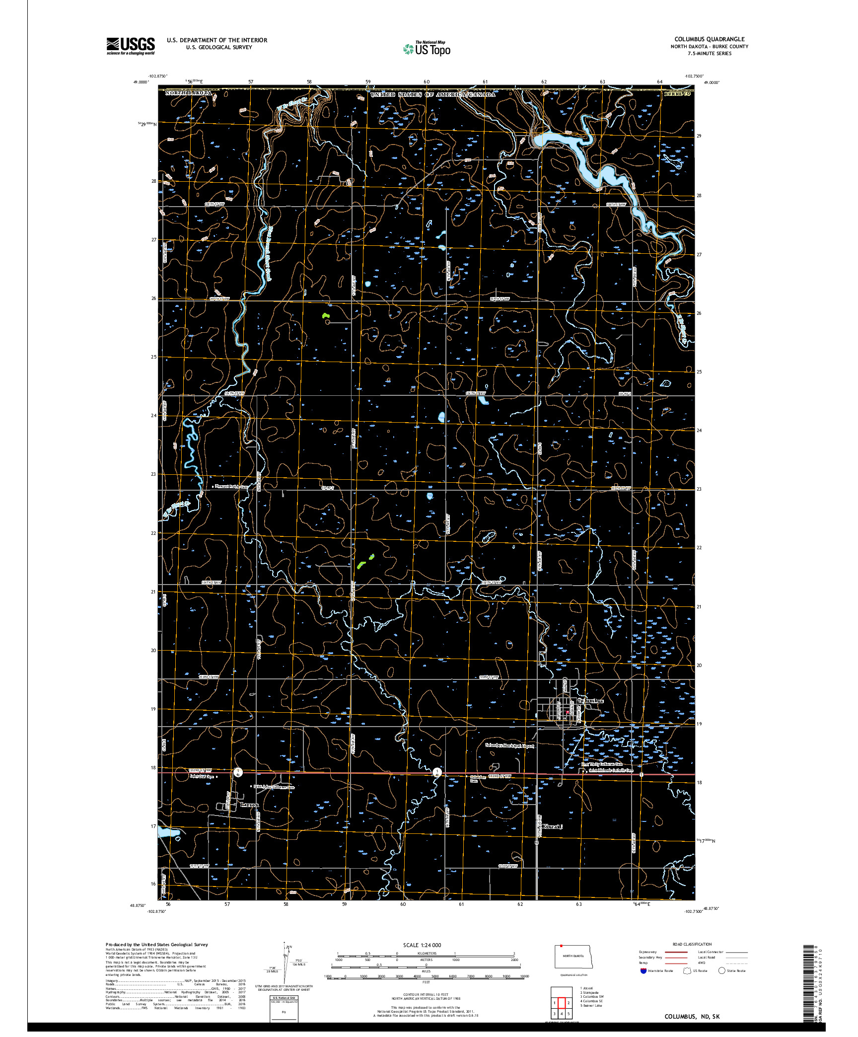 USGS US TOPO 7.5-MINUTE MAP FOR COLUMBUS, ND,SK 2017