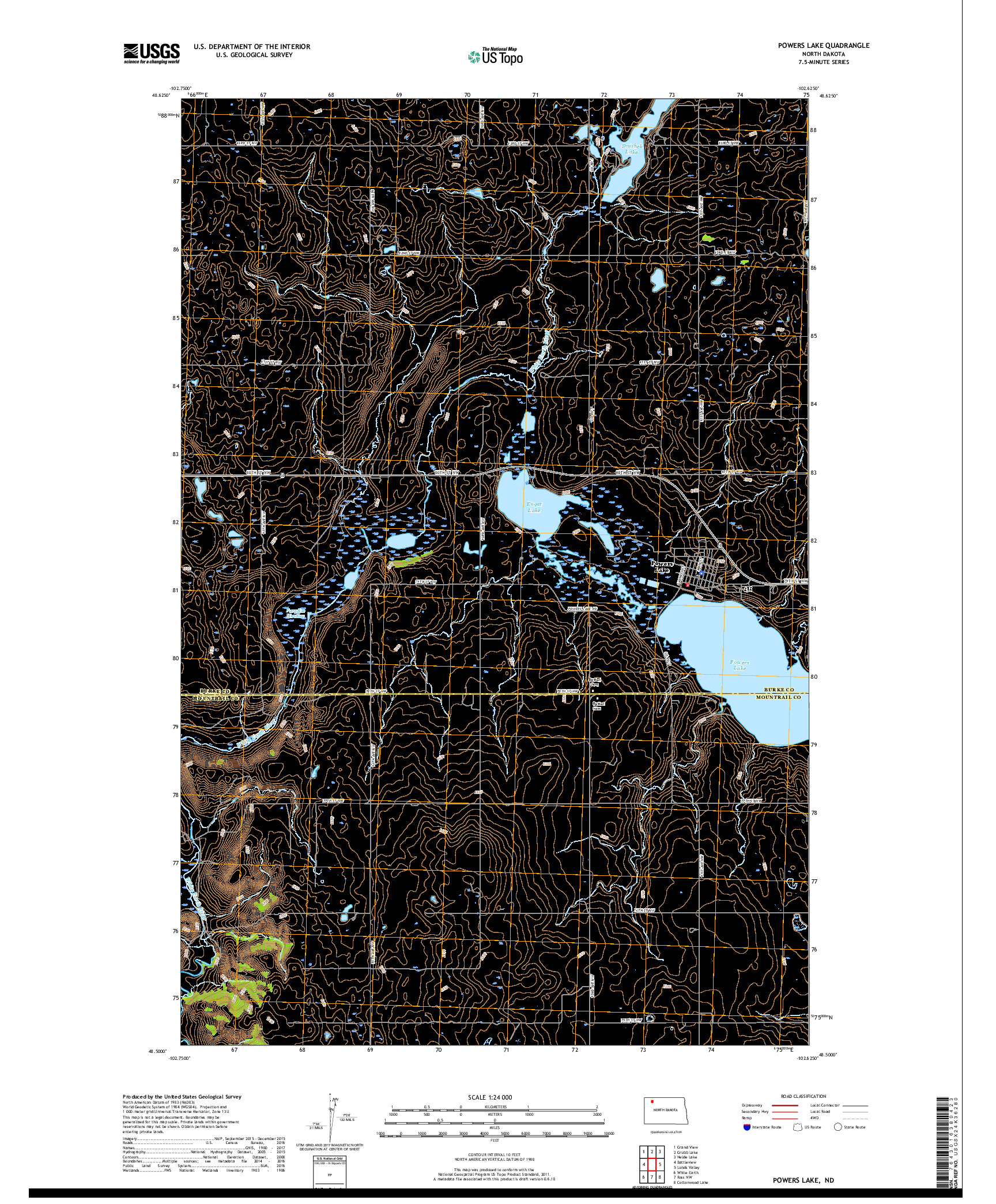 USGS US TOPO 7.5-MINUTE MAP FOR POWERS LAKE, ND 2017