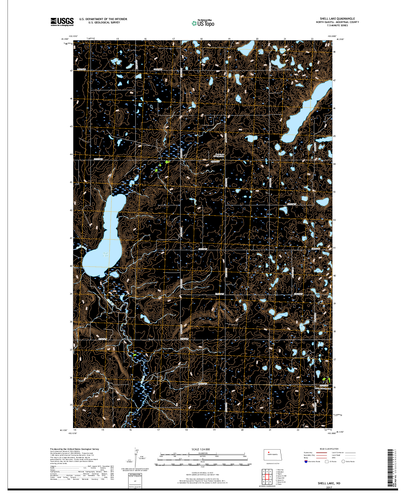 USGS US TOPO 7.5-MINUTE MAP FOR SHELL LAKE, ND 2017