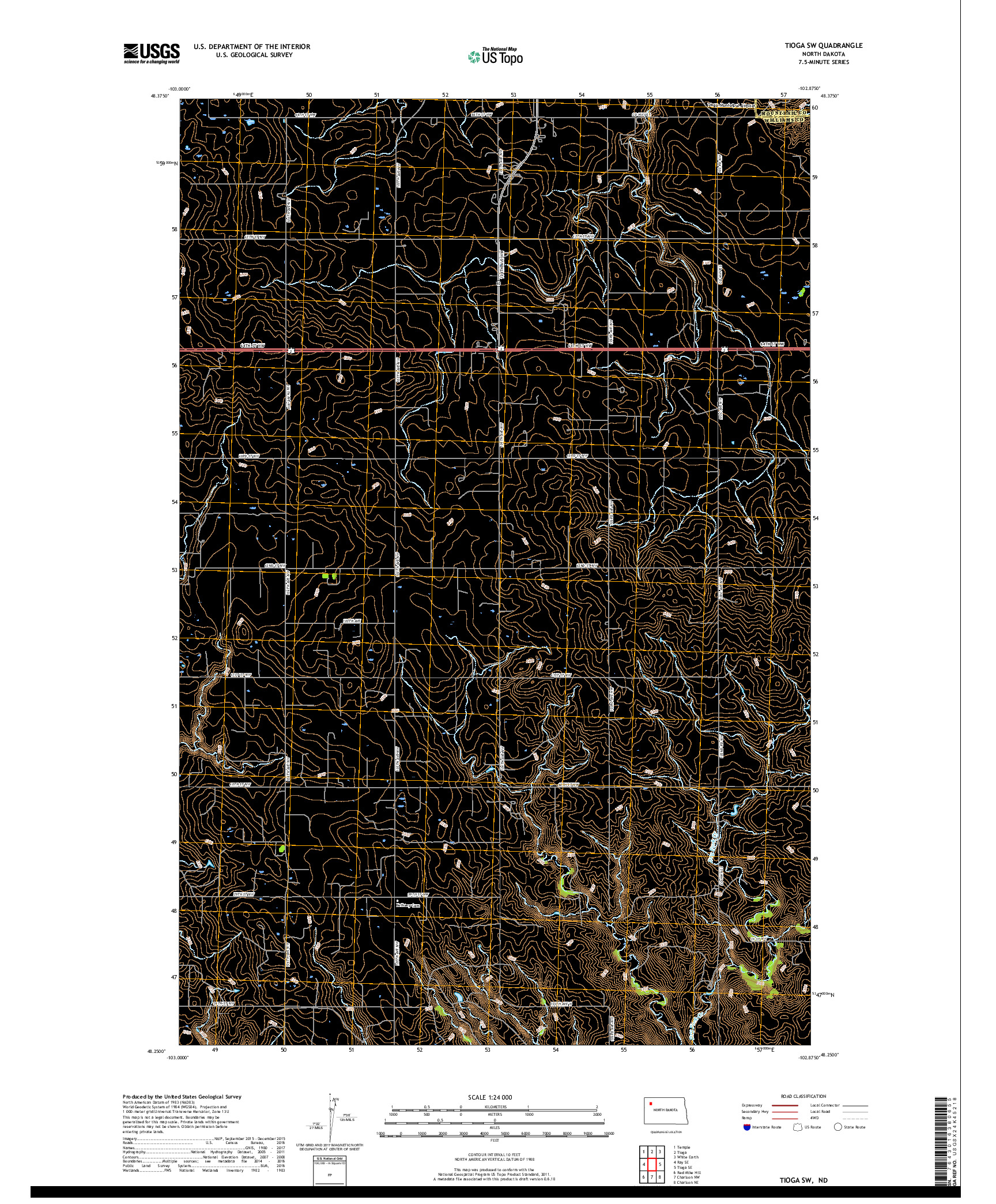 USGS US TOPO 7.5-MINUTE MAP FOR TIOGA SW, ND 2017