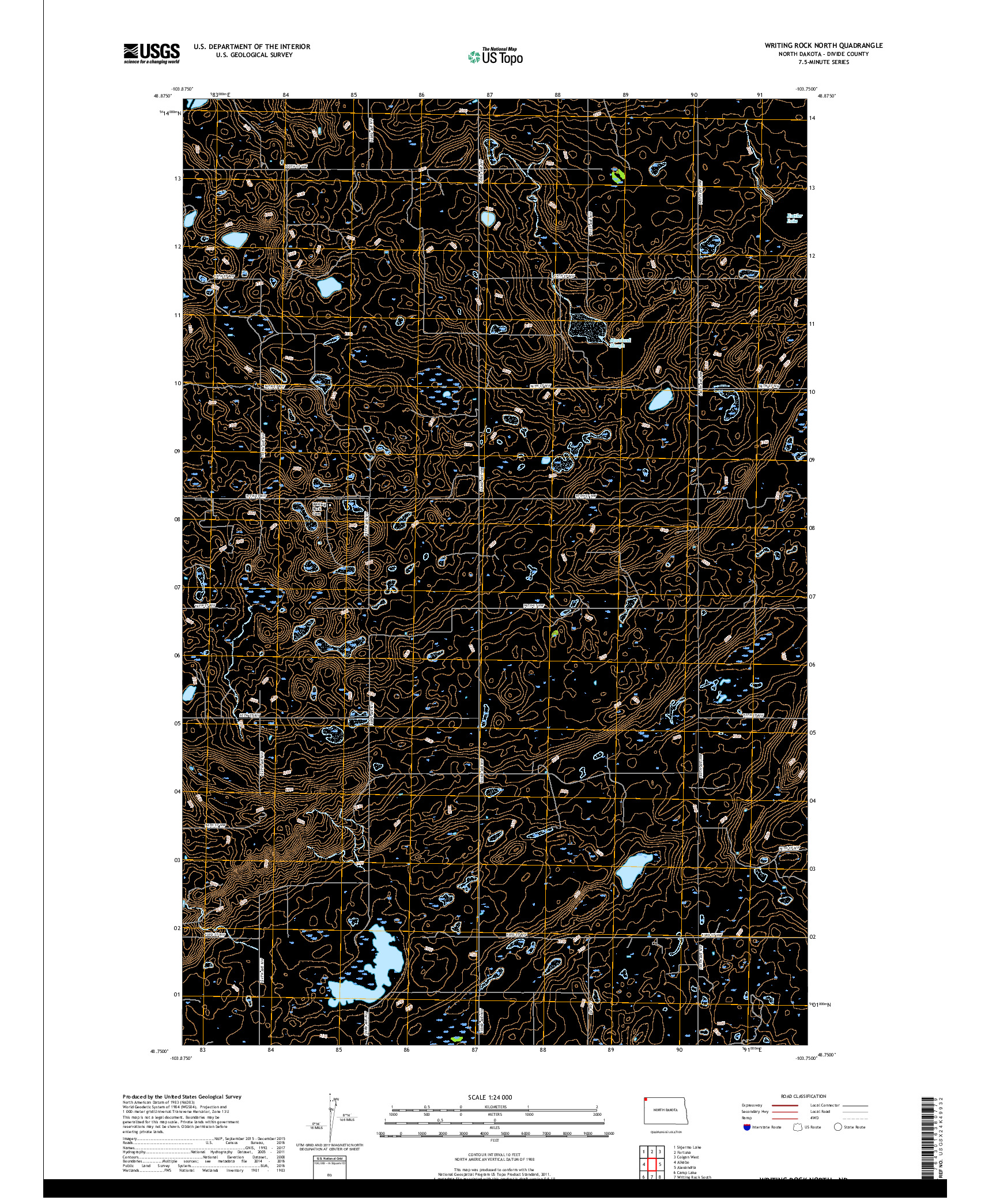 USGS US TOPO 7.5-MINUTE MAP FOR WRITING ROCK NORTH, ND 2017