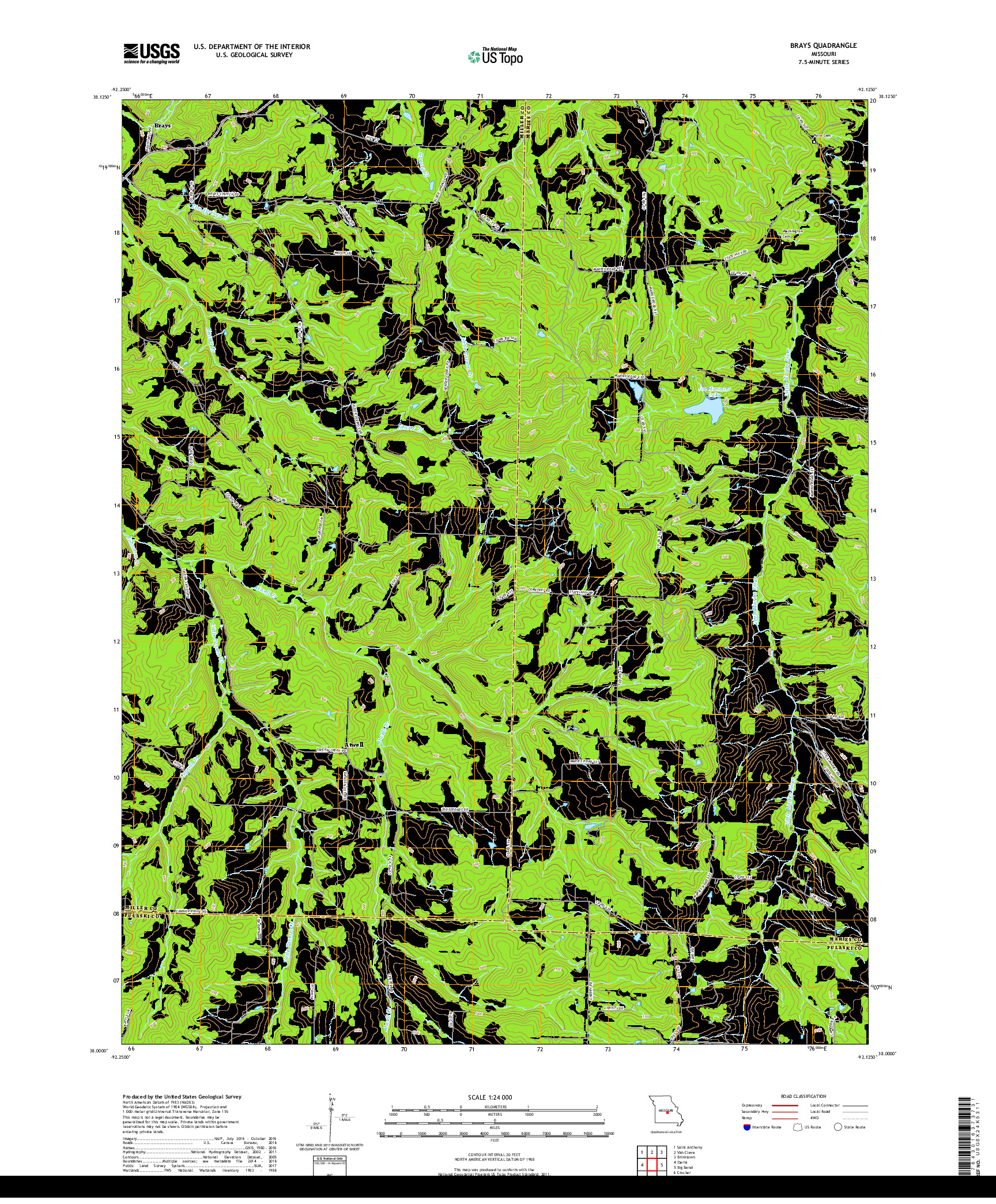 USGS US TOPO 7.5-MINUTE MAP FOR BRAYS, MO 2017