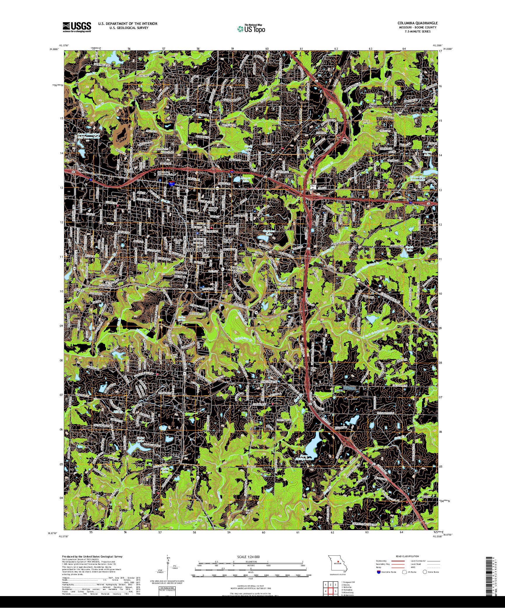 USGS US TOPO 7.5-MINUTE MAP FOR COLUMBIA, MO 2017