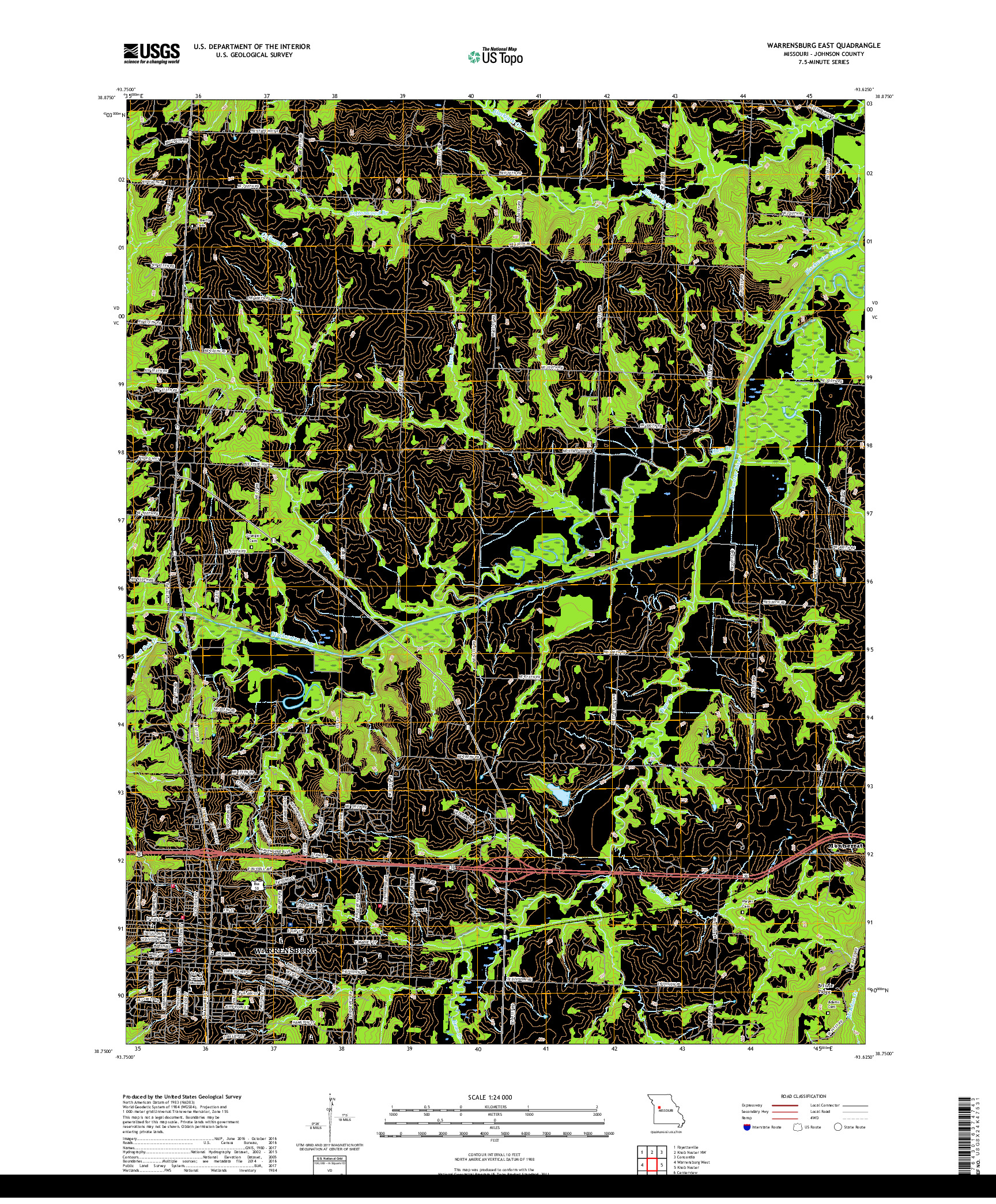 USGS US TOPO 7.5-MINUTE MAP FOR WARRENSBURG EAST, MO 2017