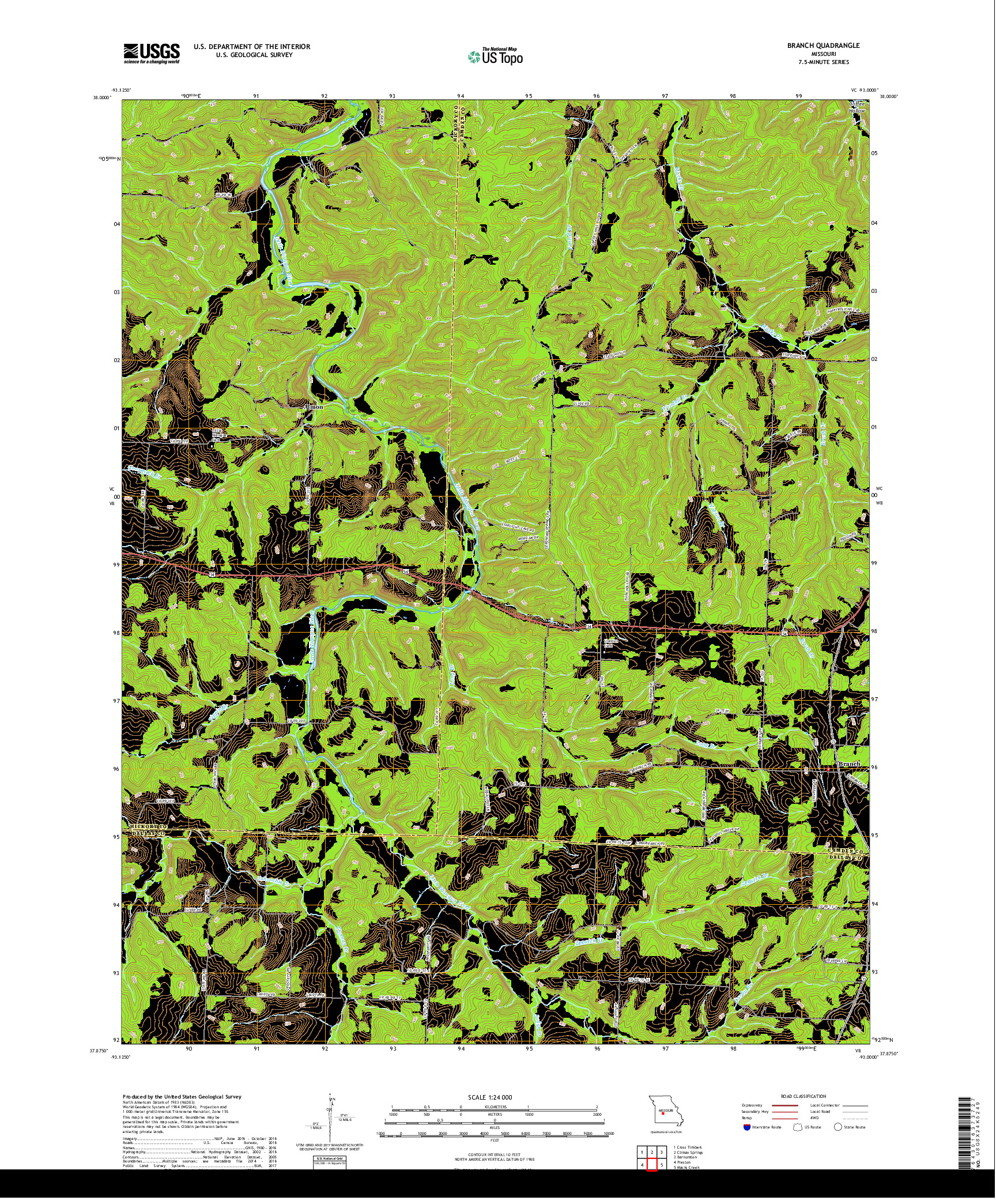 USGS US TOPO 7.5-MINUTE MAP FOR BRANCH, MO 2017