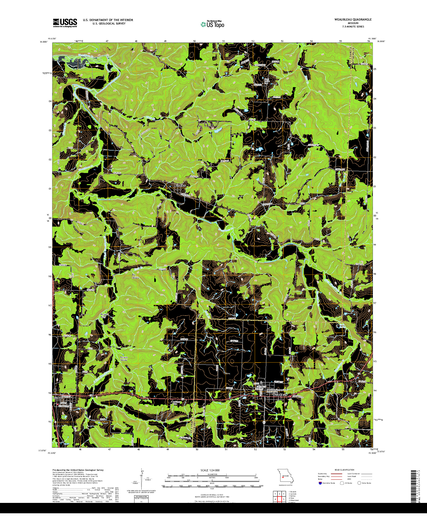 USGS US TOPO 7.5-MINUTE MAP FOR WEAUBLEAU, MO 2017