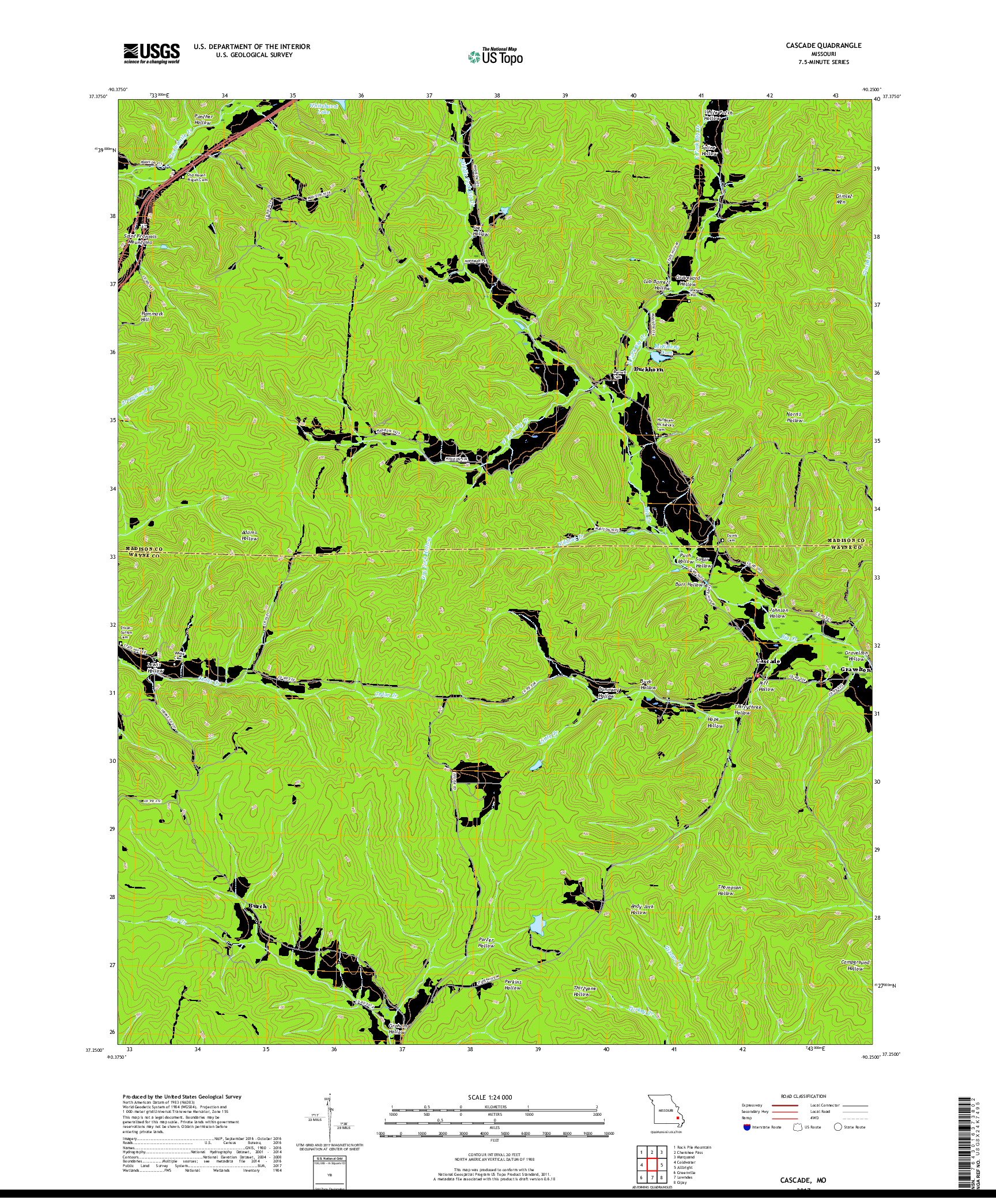 USGS US TOPO 7.5-MINUTE MAP FOR CASCADE, MO 2017