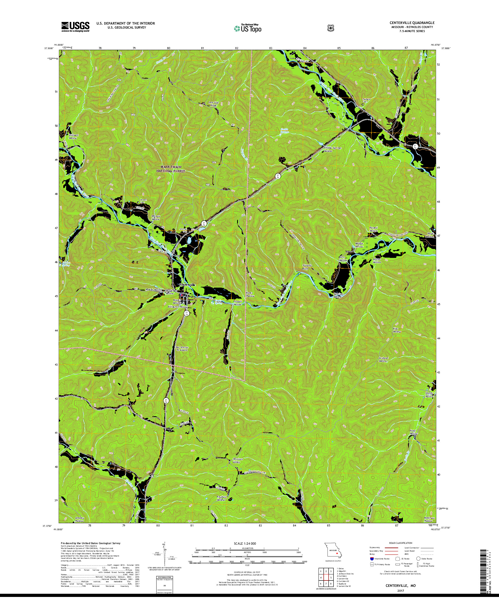 USGS US TOPO 7.5-MINUTE MAP FOR CENTERVILLE, MO 2017