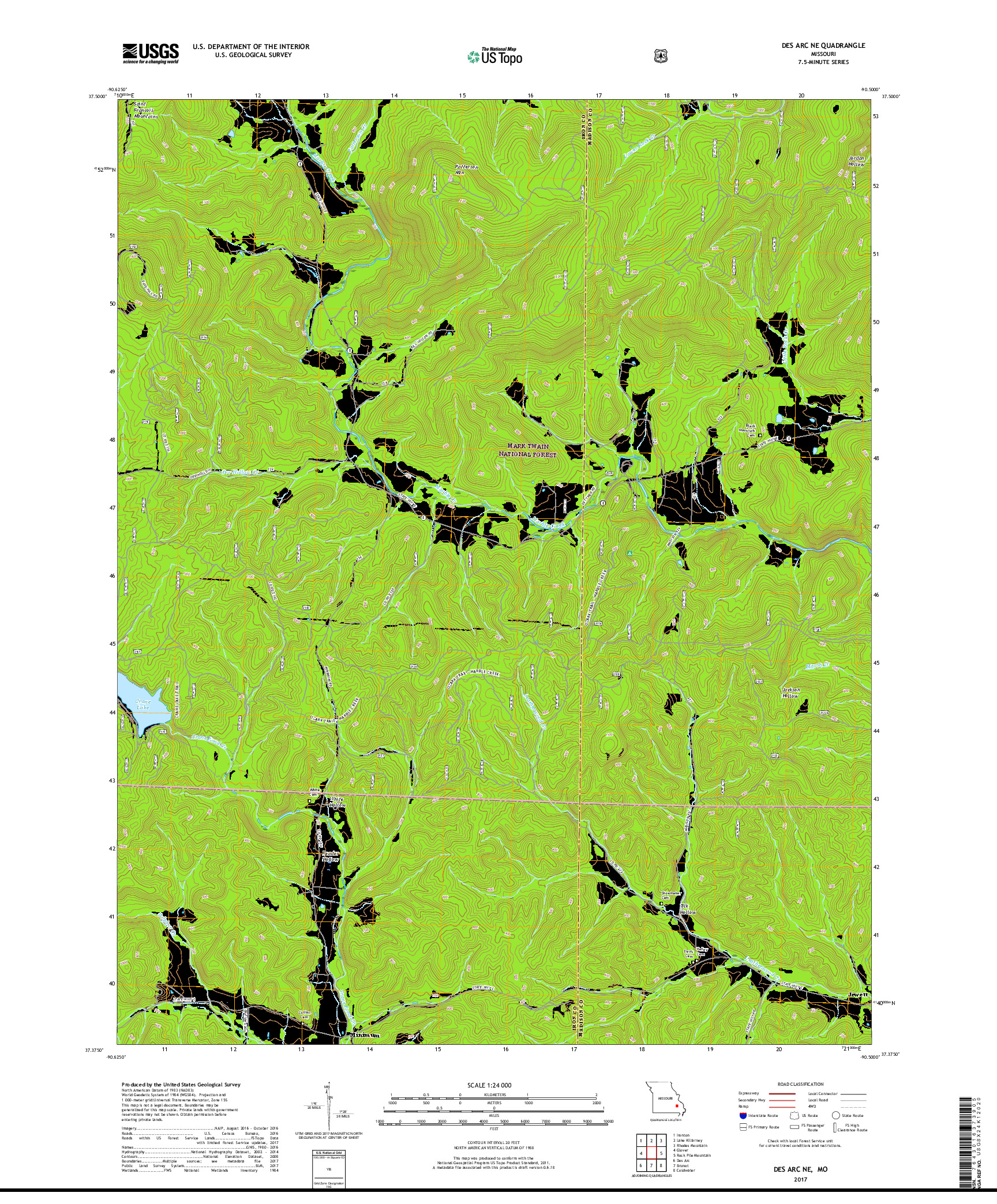 USGS US TOPO 7.5-MINUTE MAP FOR DES ARC NE, MO 2017