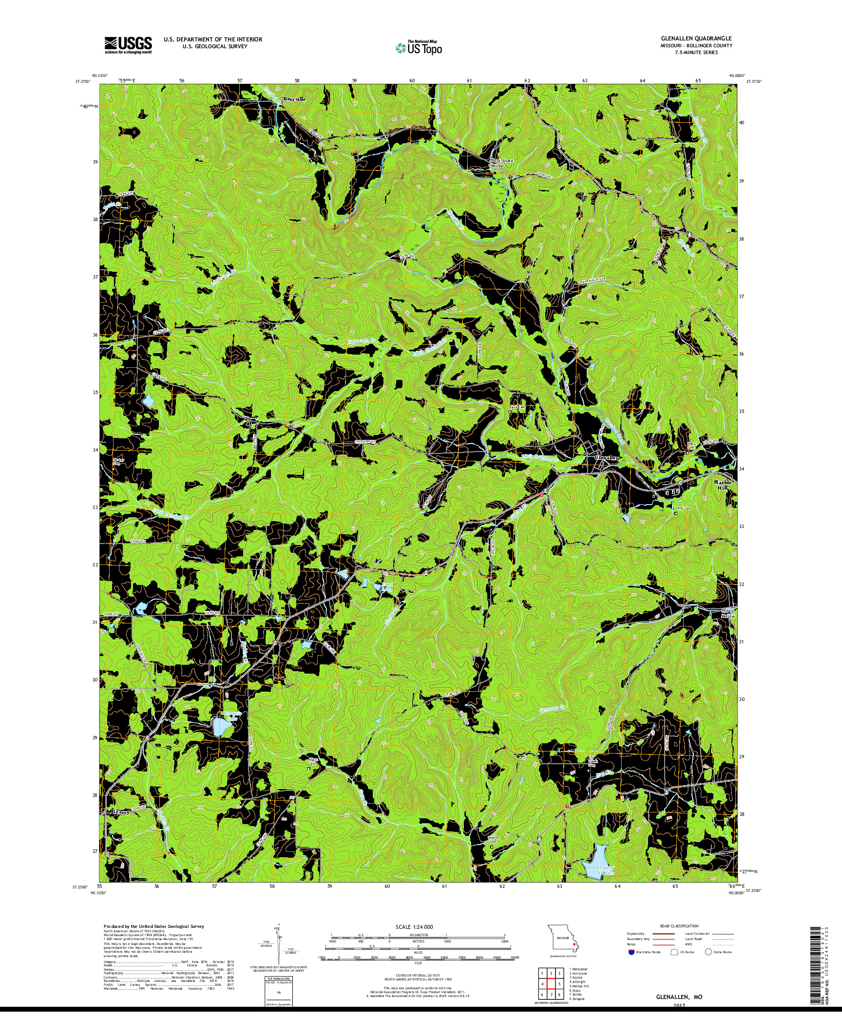 USGS US TOPO 7.5-MINUTE MAP FOR GLENALLEN, MO 2017