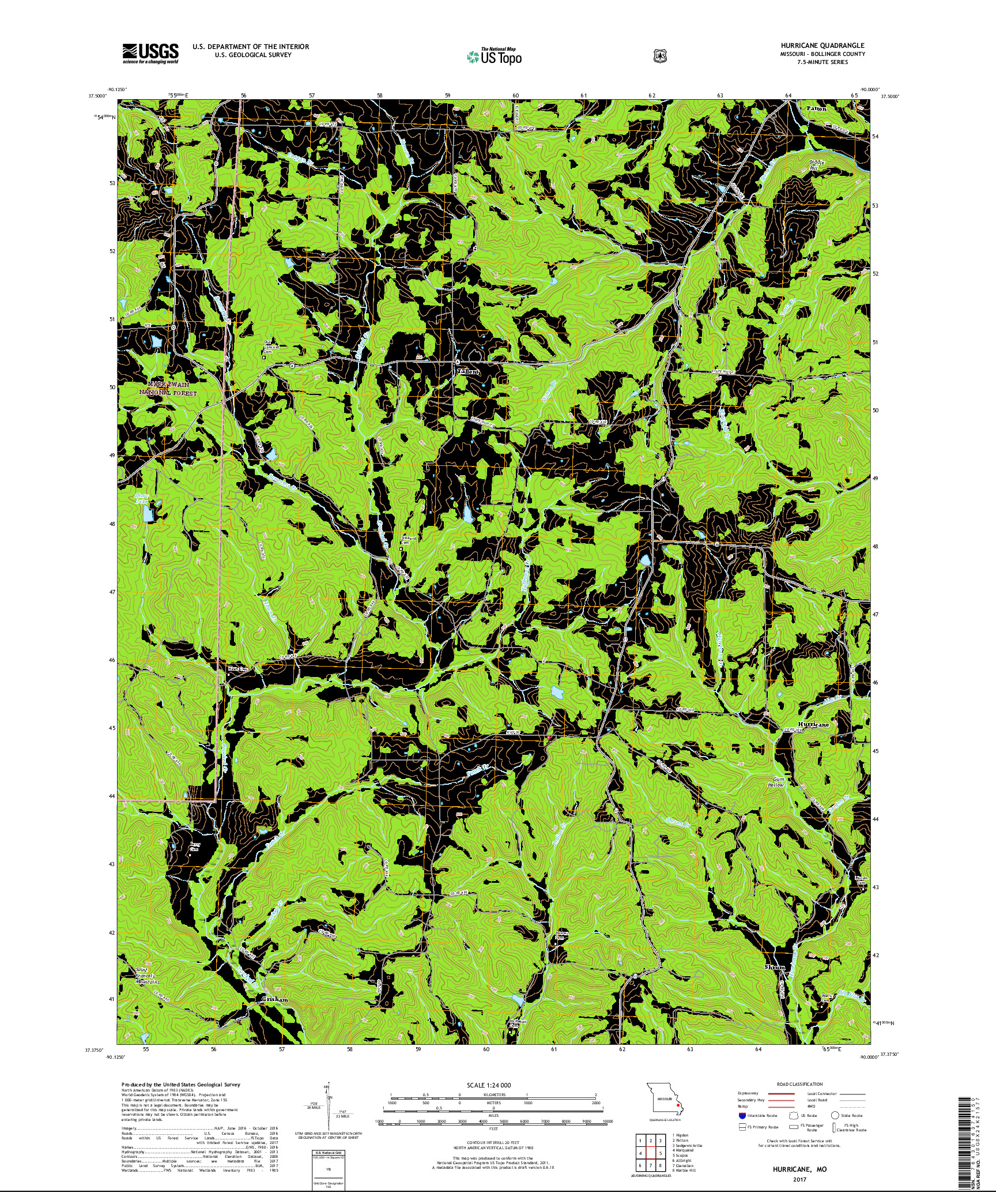USGS US TOPO 7.5-MINUTE MAP FOR HURRICANE, MO 2017