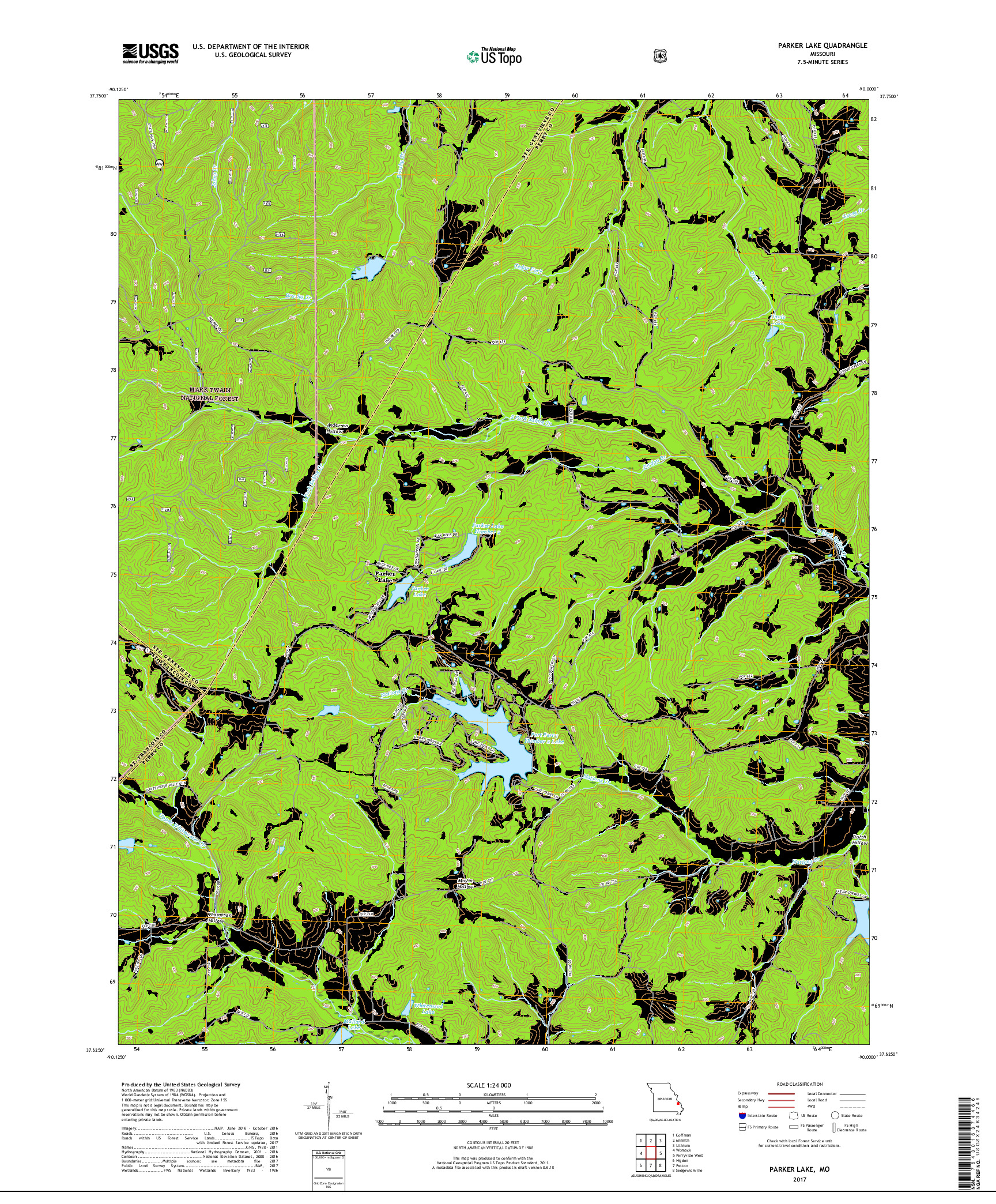 USGS US TOPO 7.5-MINUTE MAP FOR PARKER LAKE, MO 2017