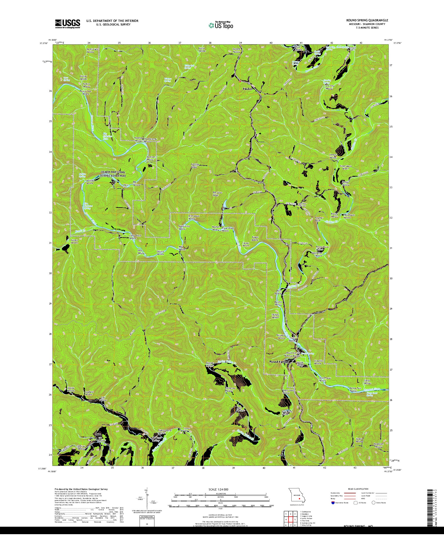 USGS US TOPO 7.5-MINUTE MAP FOR ROUND SPRING, MO 2017