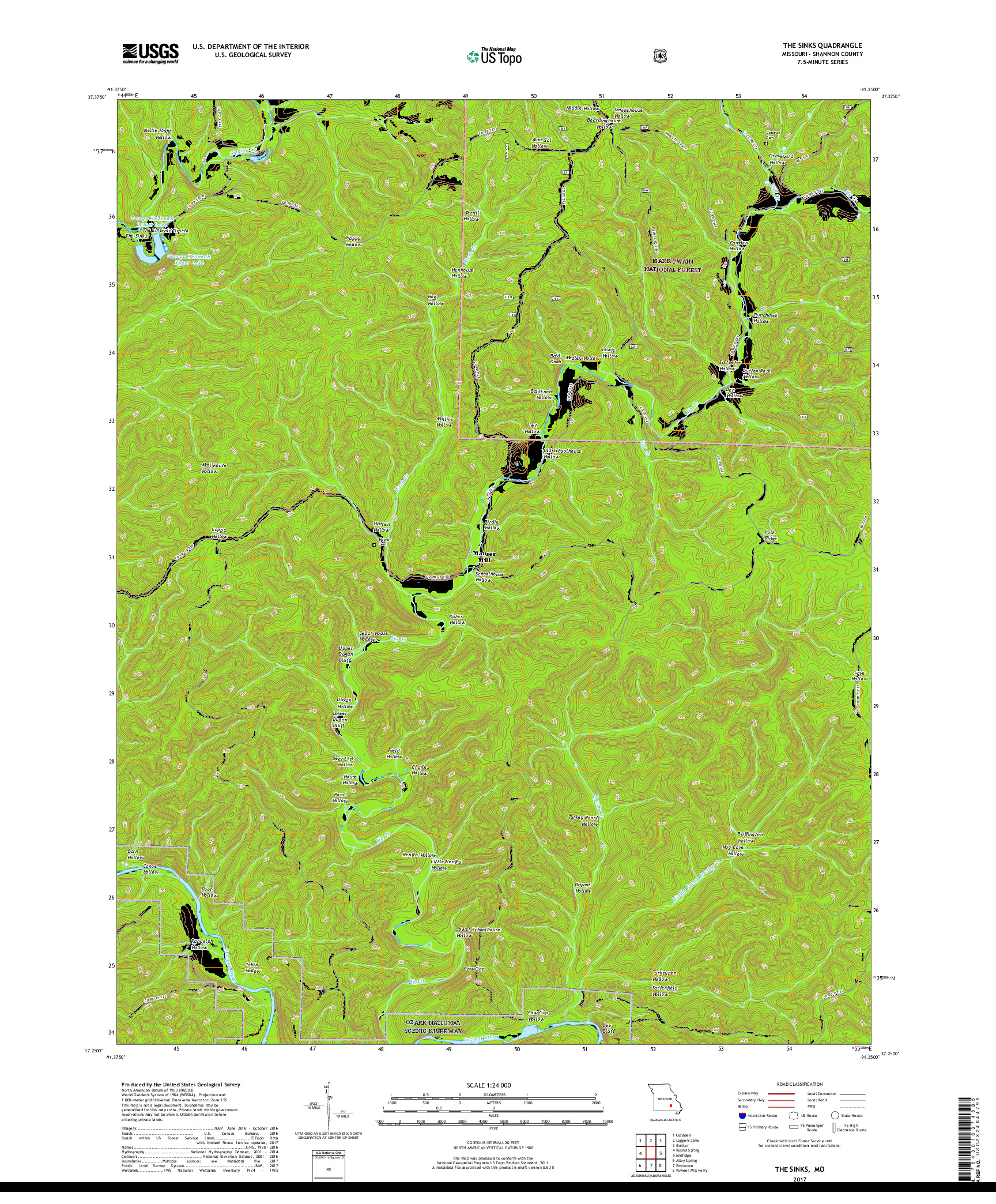 USGS US TOPO 7.5-MINUTE MAP FOR THE SINKS, MO 2017