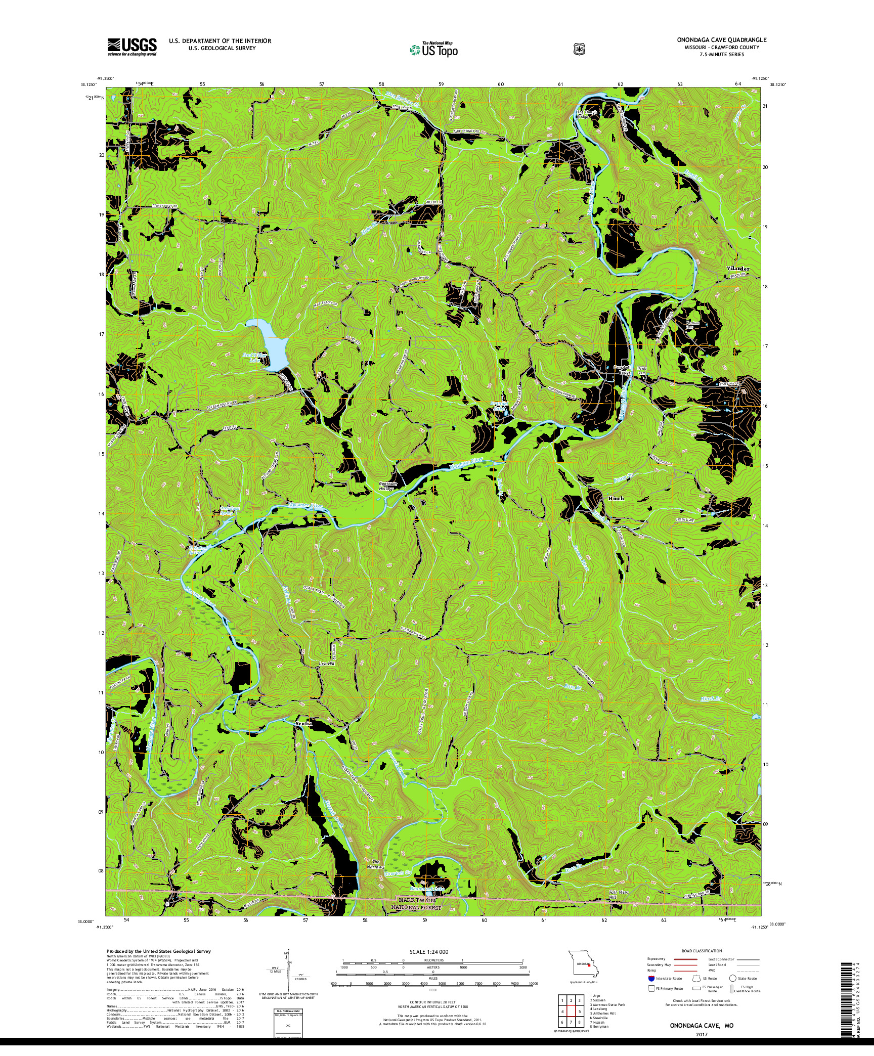 USGS US TOPO 7.5-MINUTE MAP FOR ONONDAGA CAVE, MO 2017