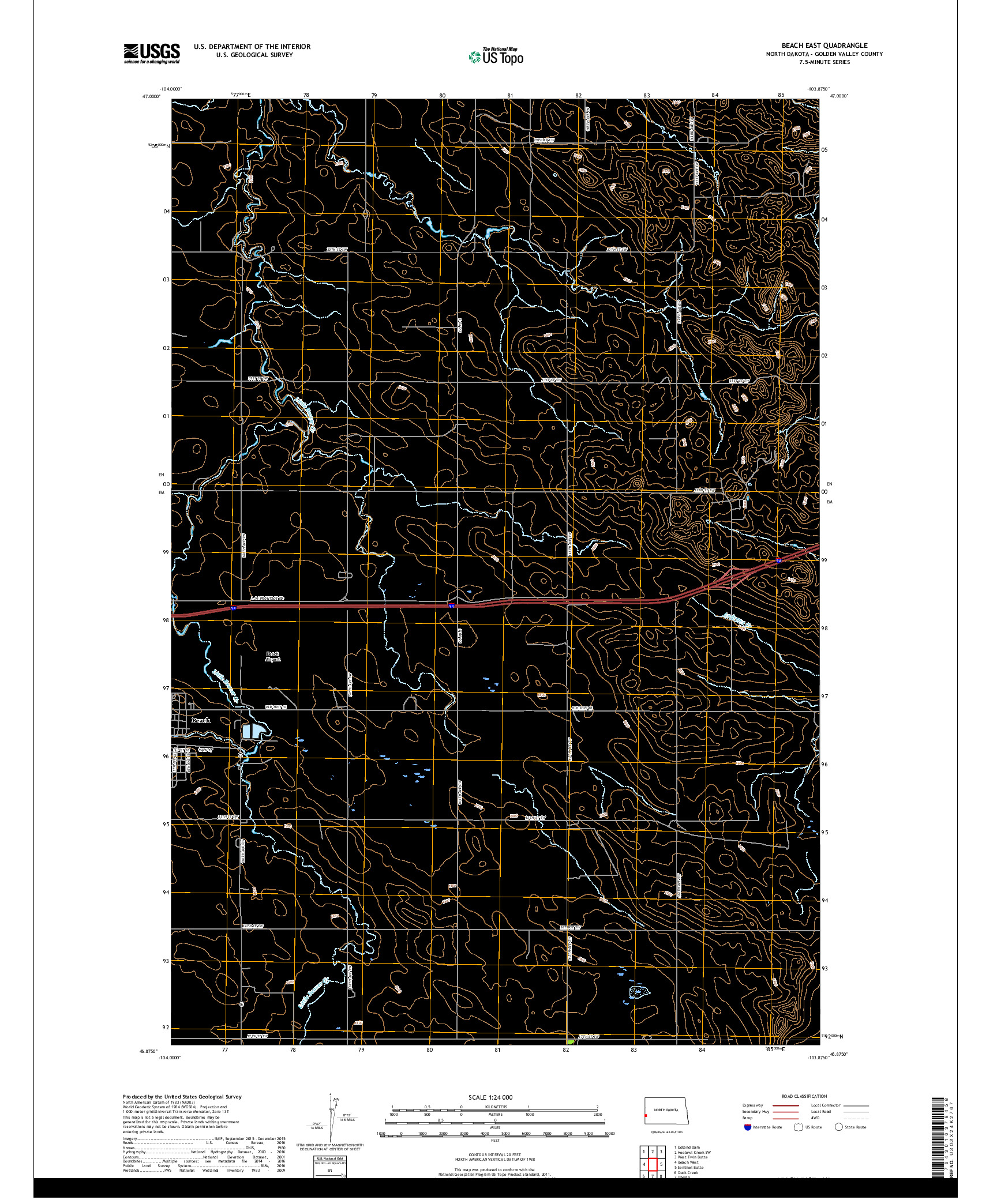 USGS US TOPO 7.5-MINUTE MAP FOR BEACH EAST, ND 2017