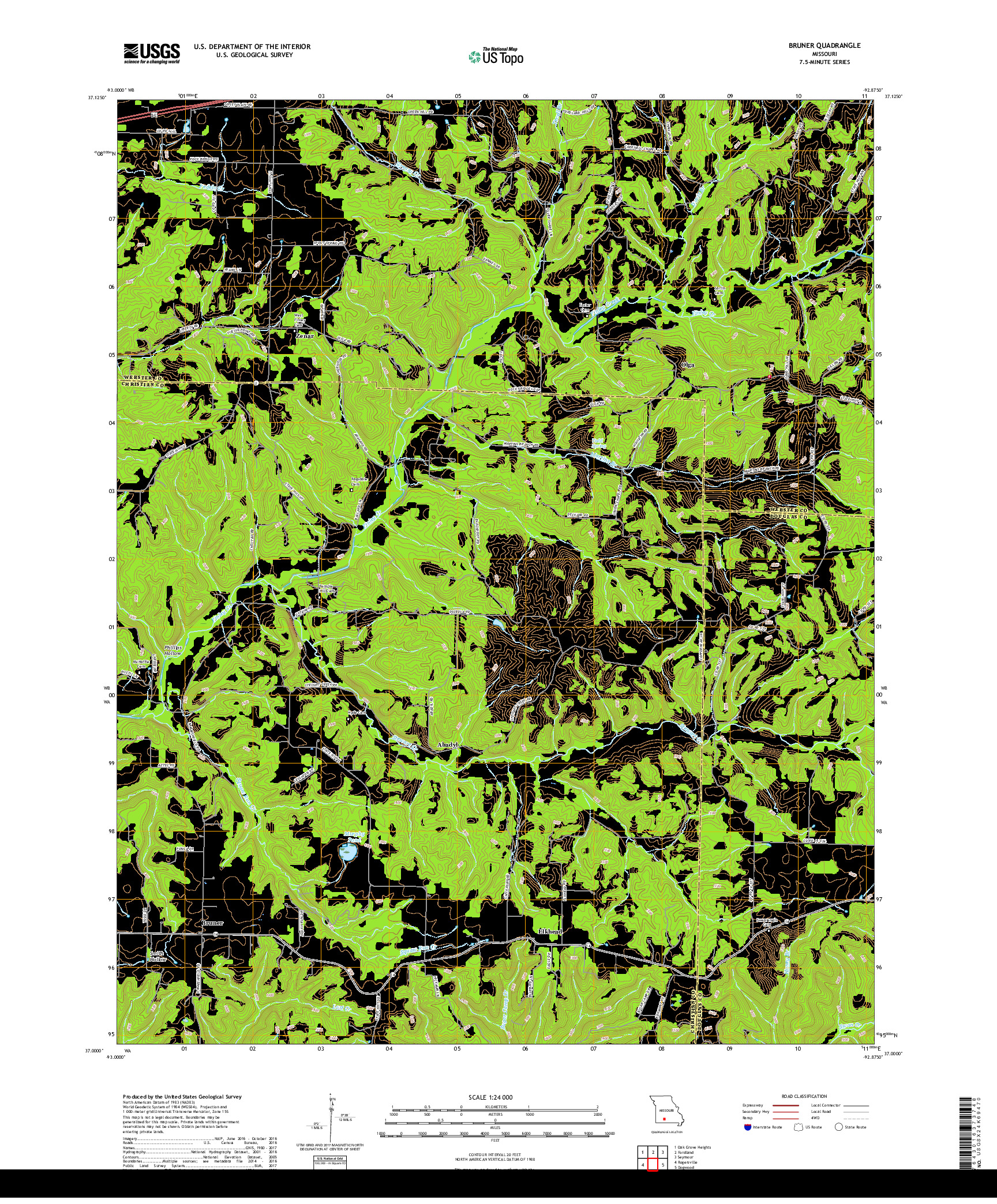 USGS US TOPO 7.5-MINUTE MAP FOR BRUNER, MO 2017