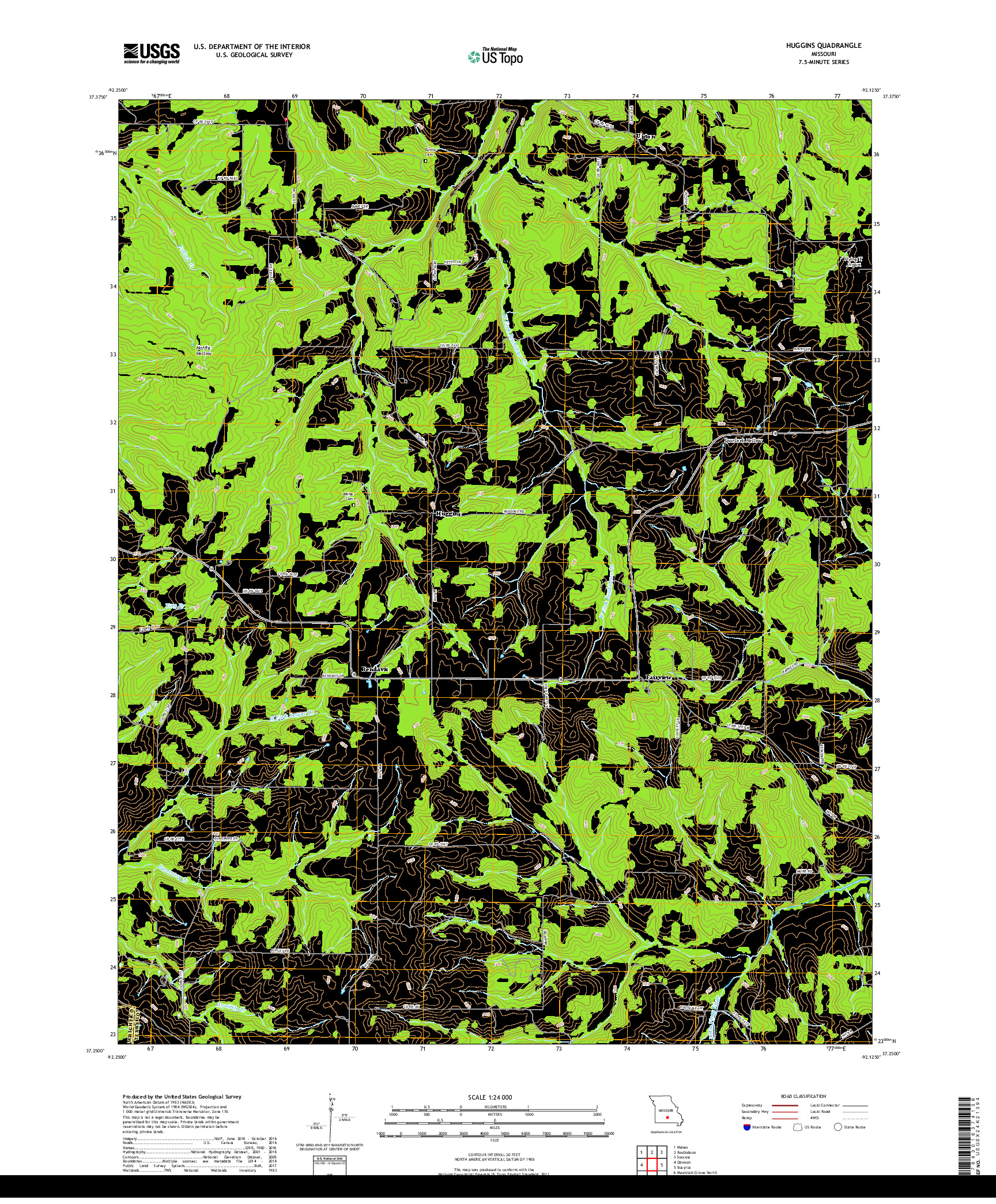 USGS US TOPO 7.5-MINUTE MAP FOR HUGGINS, MO 2017