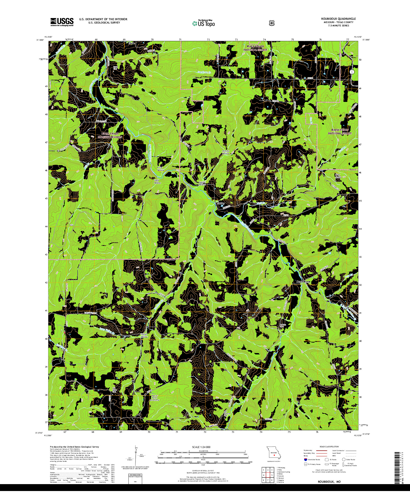 USGS US TOPO 7.5-MINUTE MAP FOR ROUBIDOUX, MO 2017