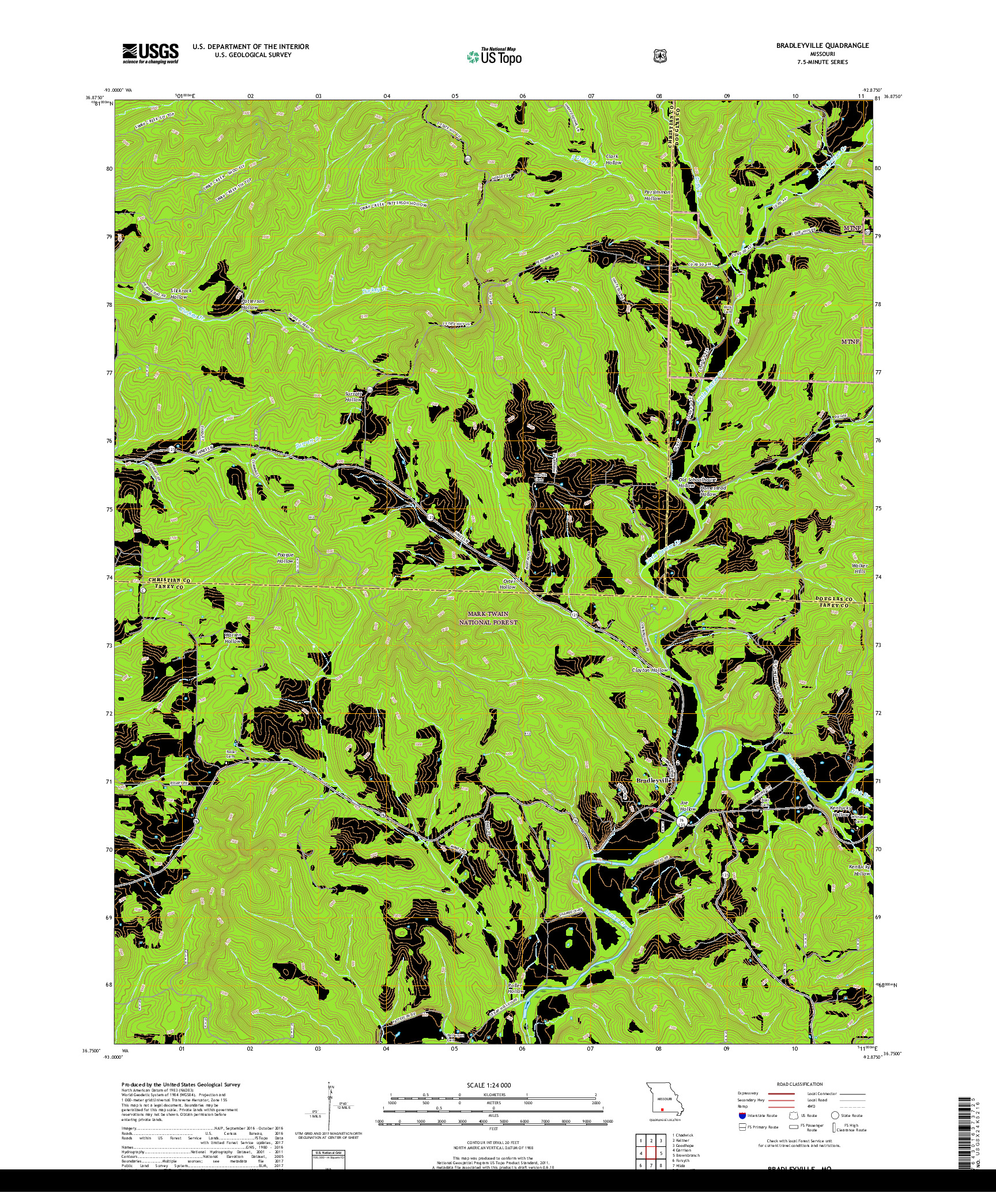 USGS US TOPO 7.5-MINUTE MAP FOR BRADLEYVILLE, MO 2017