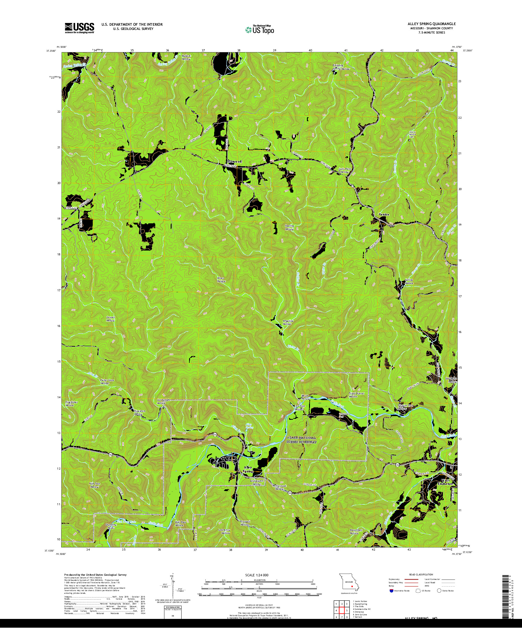 USGS US TOPO 7.5-MINUTE MAP FOR ALLEY SPRING, MO 2017