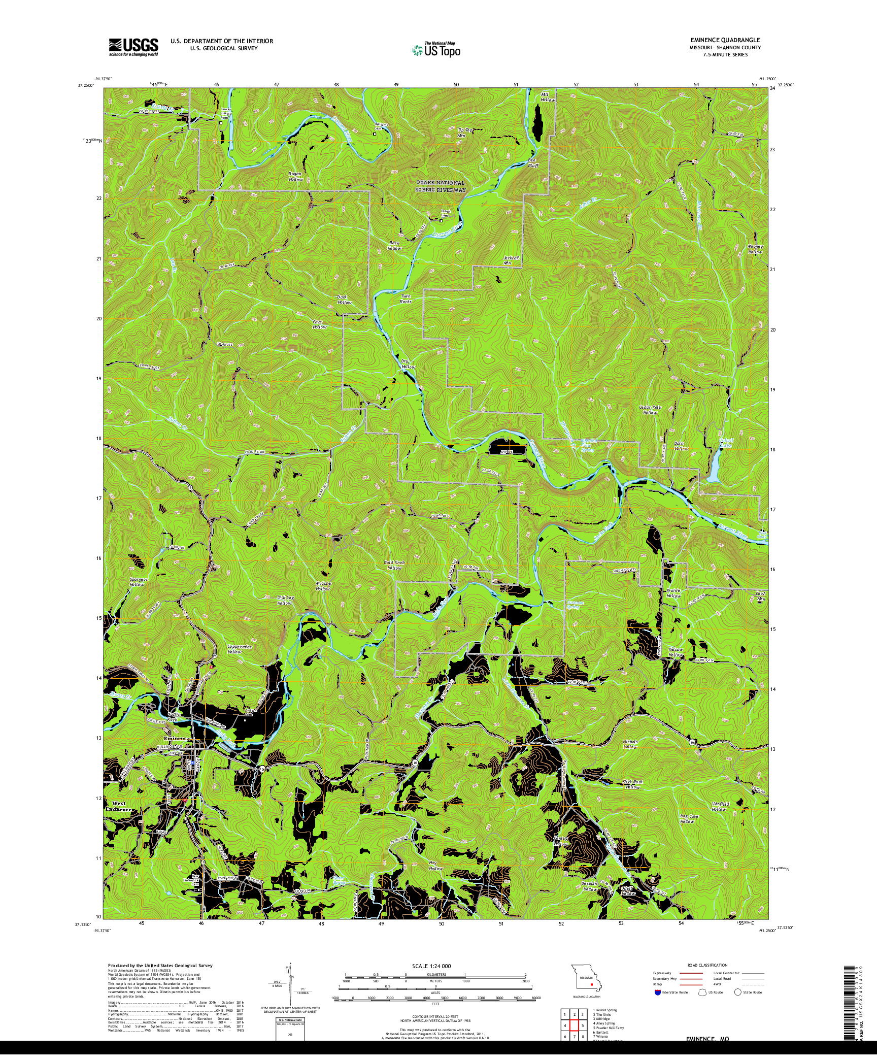 USGS US TOPO 7.5-MINUTE MAP FOR EMINENCE, MO 2017