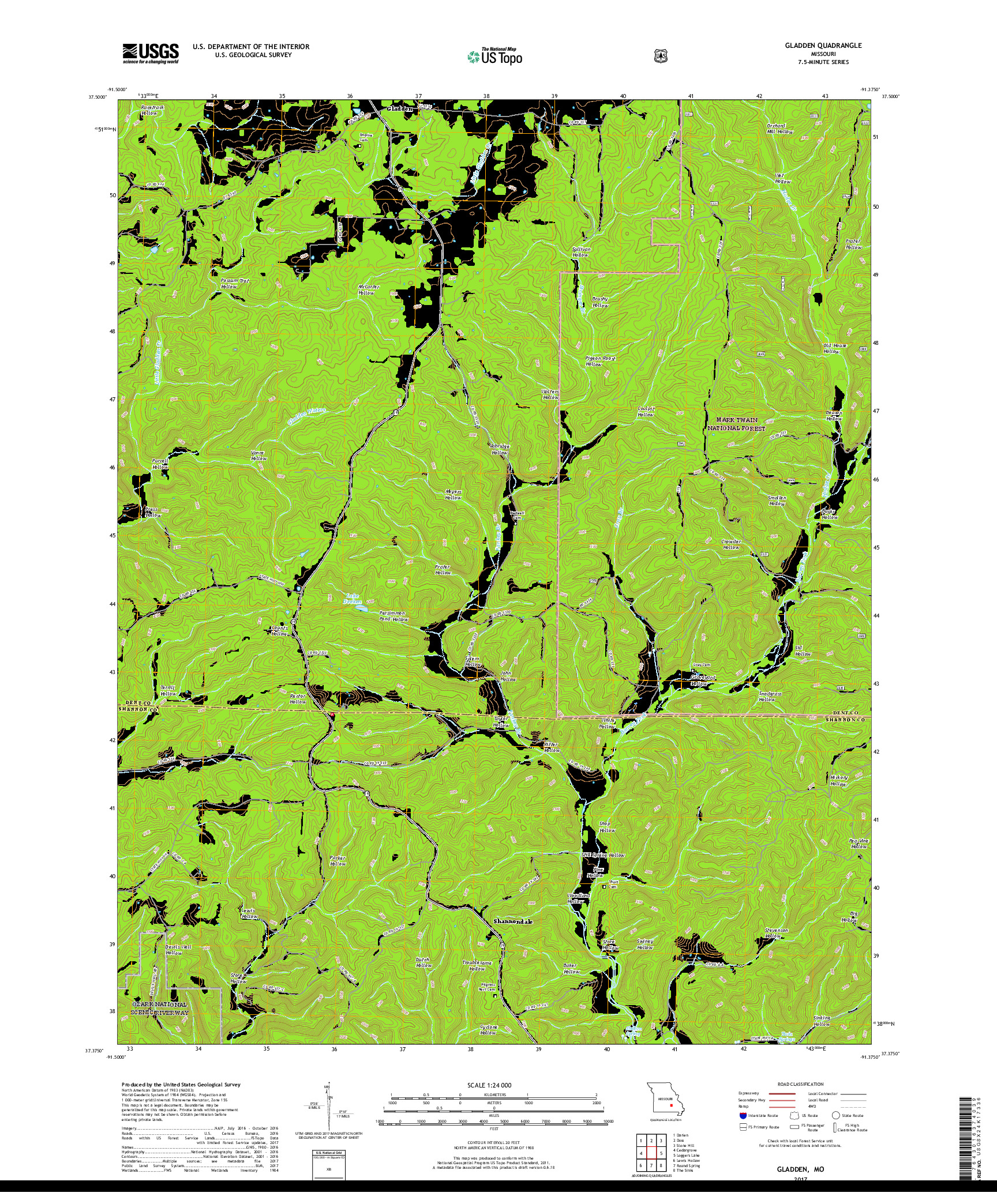 USGS US TOPO 7.5-MINUTE MAP FOR GLADDEN, MO 2017