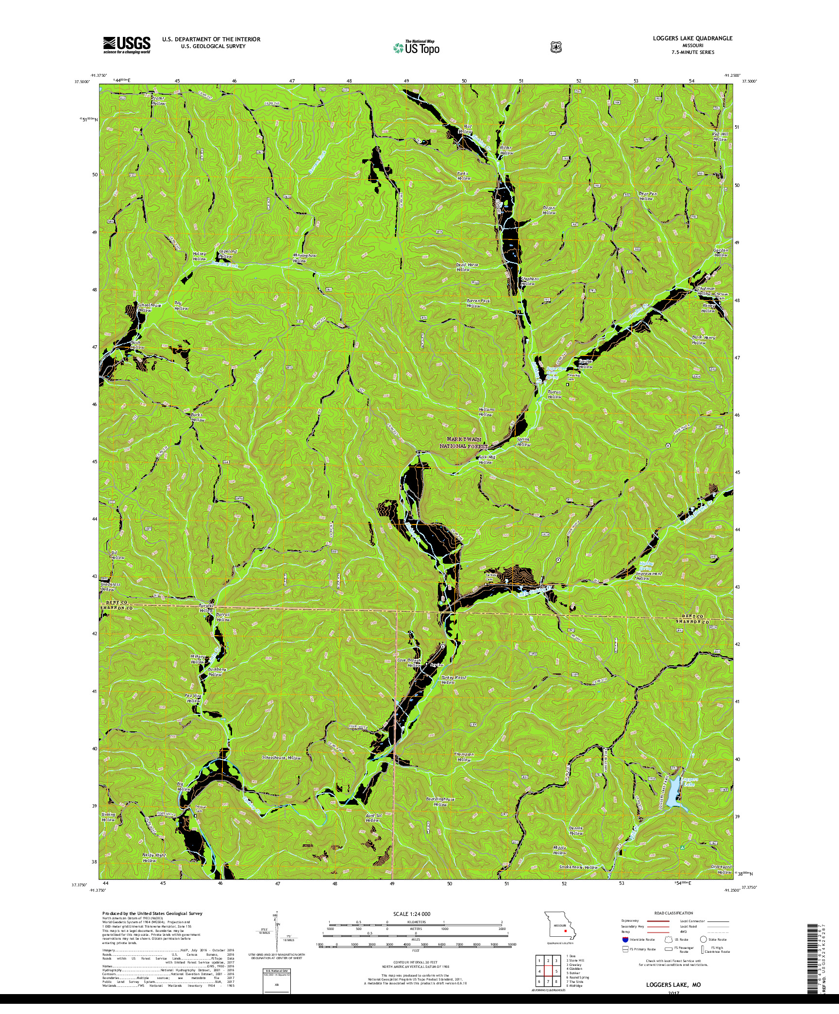 USGS US TOPO 7.5-MINUTE MAP FOR LOGGERS LAKE, MO 2017