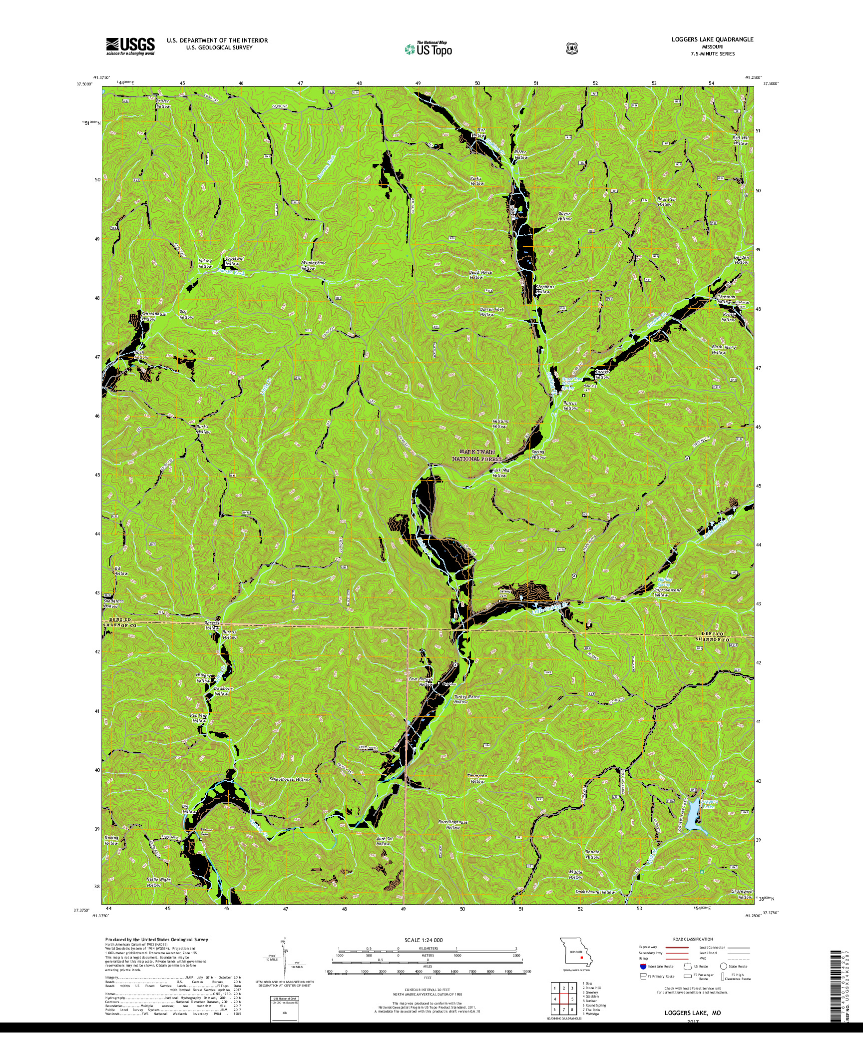 USGS US TOPO 7.5-MINUTE MAP FOR LOGGERS LAKE, MO 2017