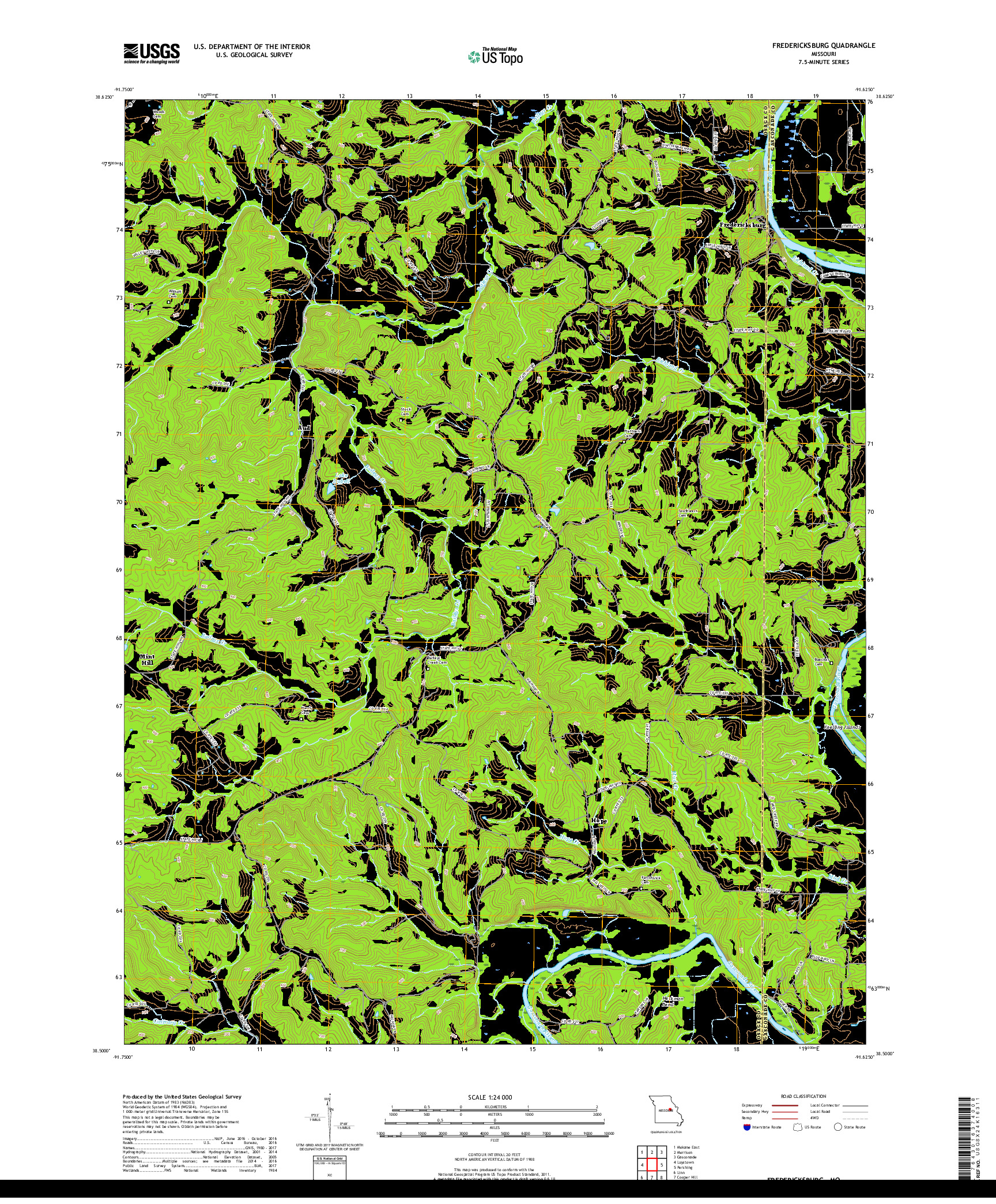 USGS US TOPO 7.5-MINUTE MAP FOR FREDERICKSBURG, MO 2017