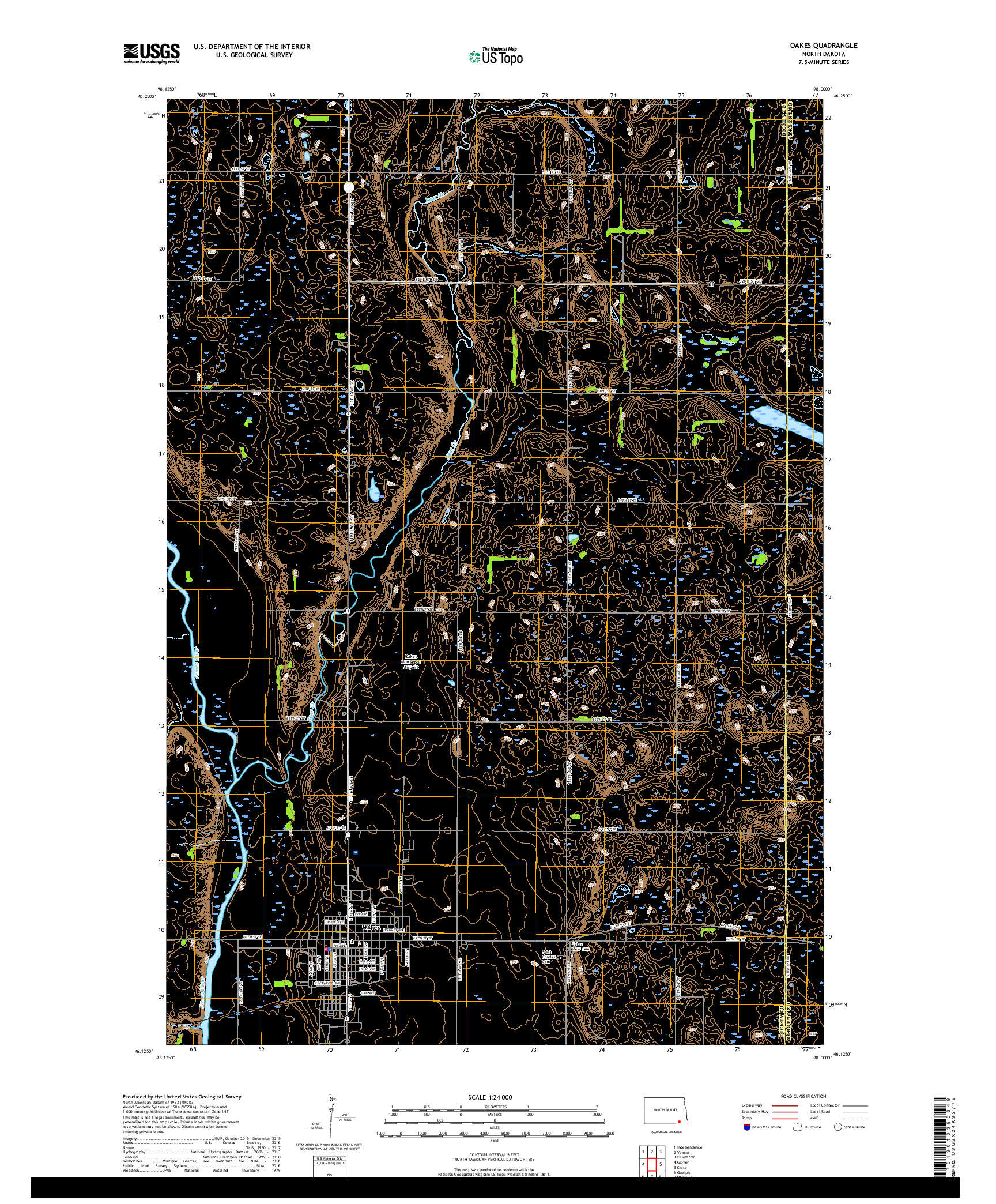 USGS US TOPO 7.5-MINUTE MAP FOR OAKES, ND 2017