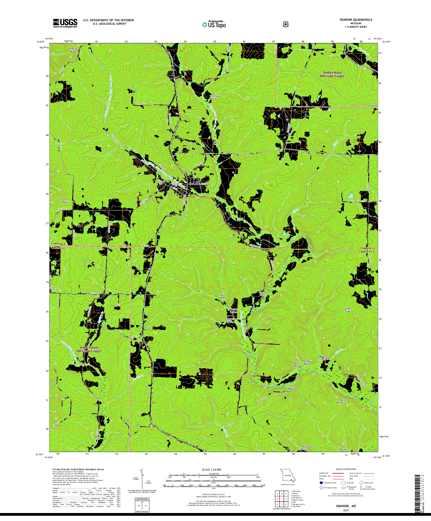 USGS US TOPO 7.5-MINUTE MAP FOR GRANDIN, MO 2017