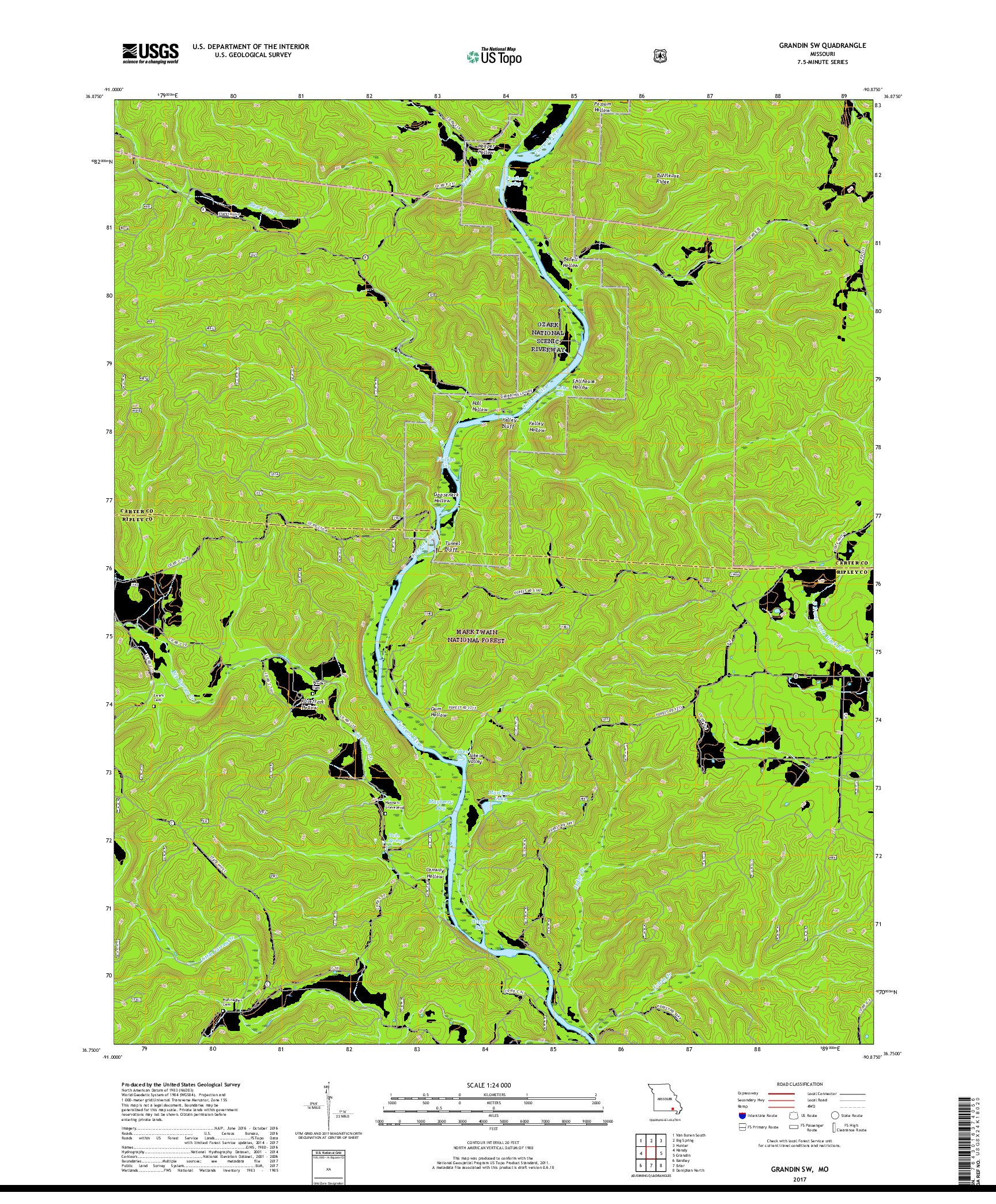 USGS US TOPO 7.5-MINUTE MAP FOR GRANDIN SW, MO 2017