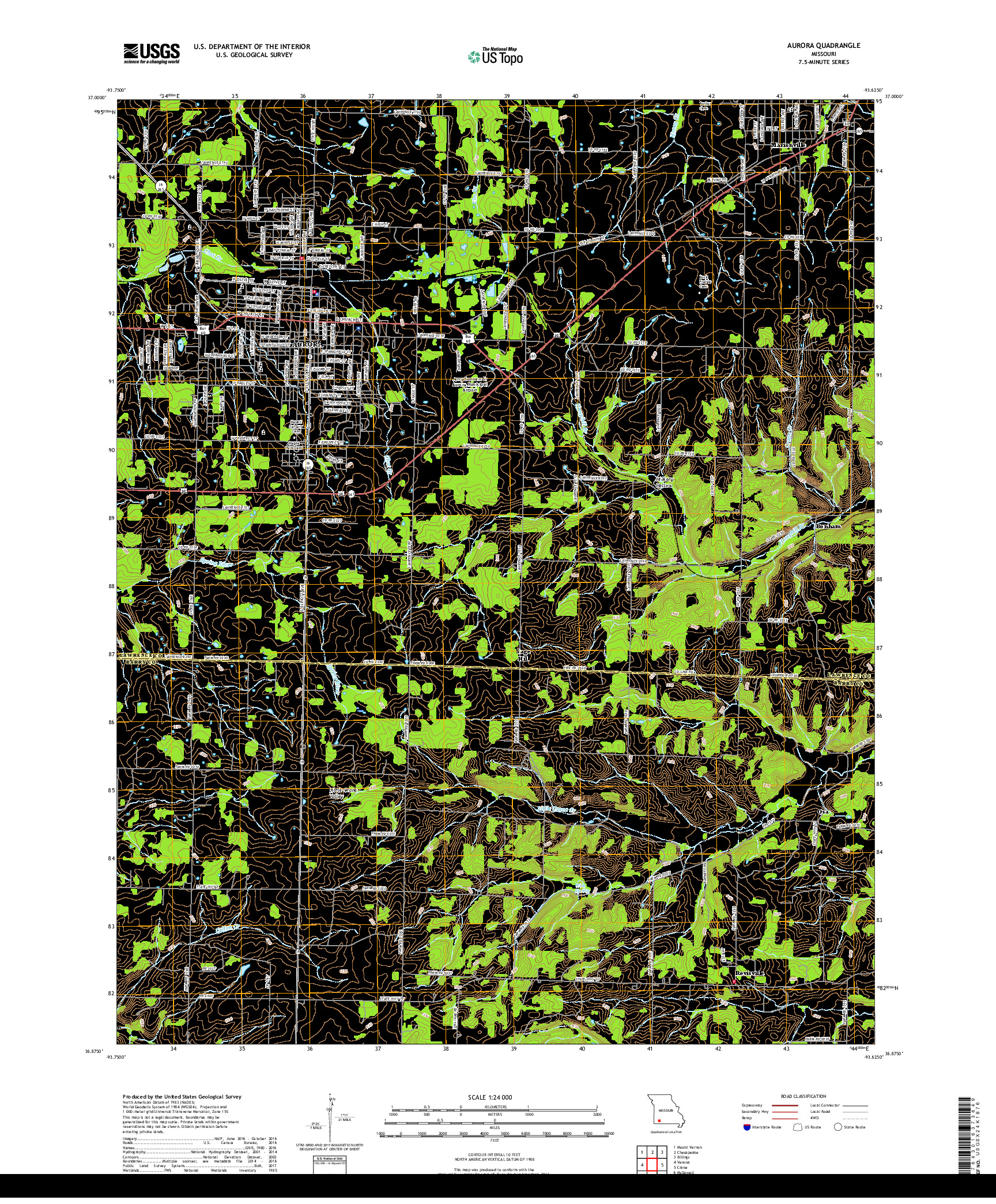 USGS US TOPO 7.5-MINUTE MAP FOR AURORA, MO 2017