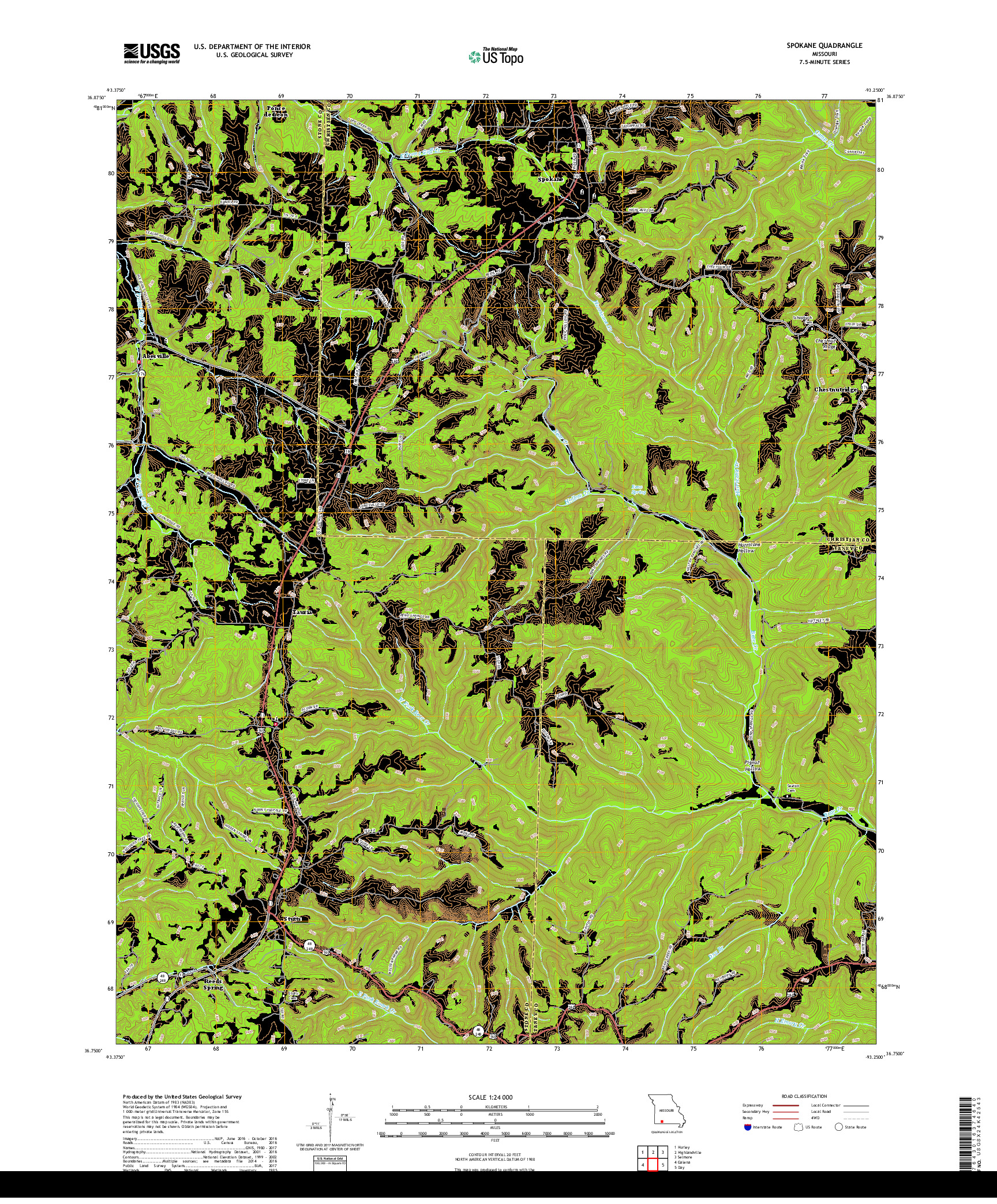 USGS US TOPO 7.5-MINUTE MAP FOR SPOKANE, MO 2017